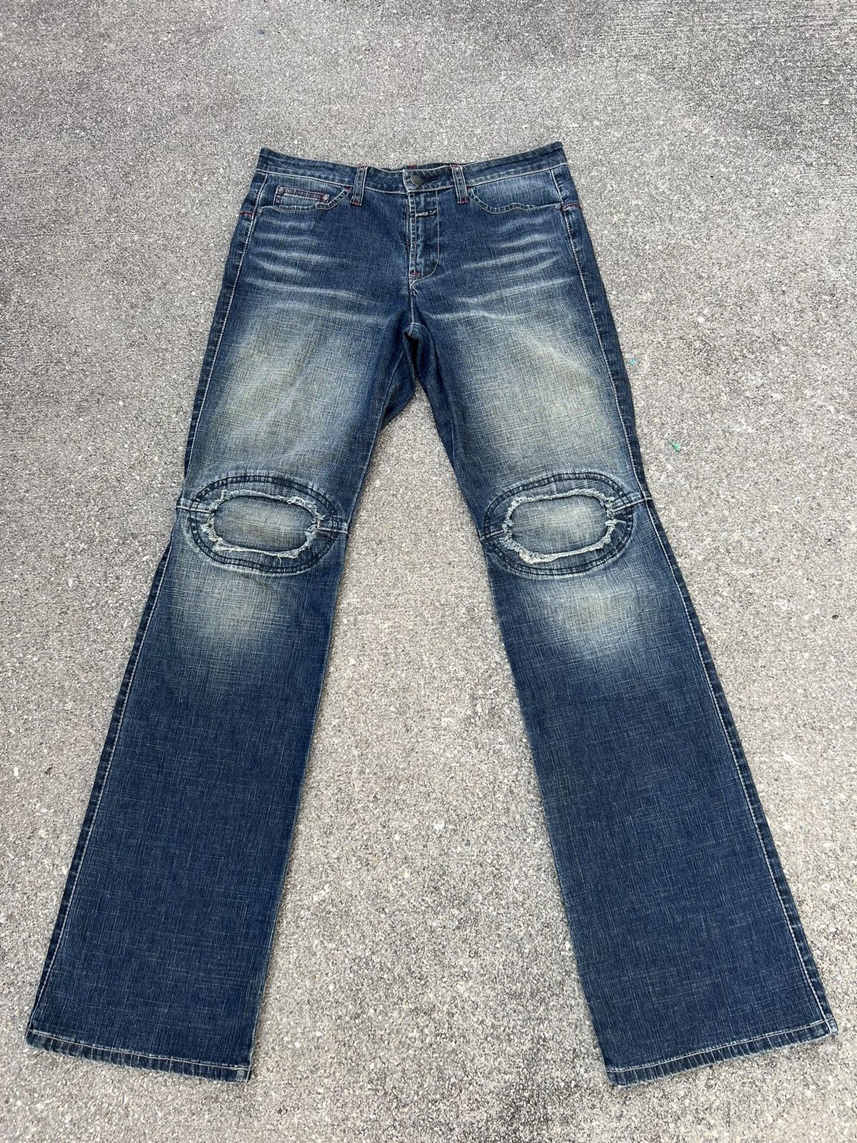 Marithe + Francois Girbaud Vintage MFG Patch Knee Fade Denim Stretch Flare Jeans Size US 31 - 1 Thumbnail