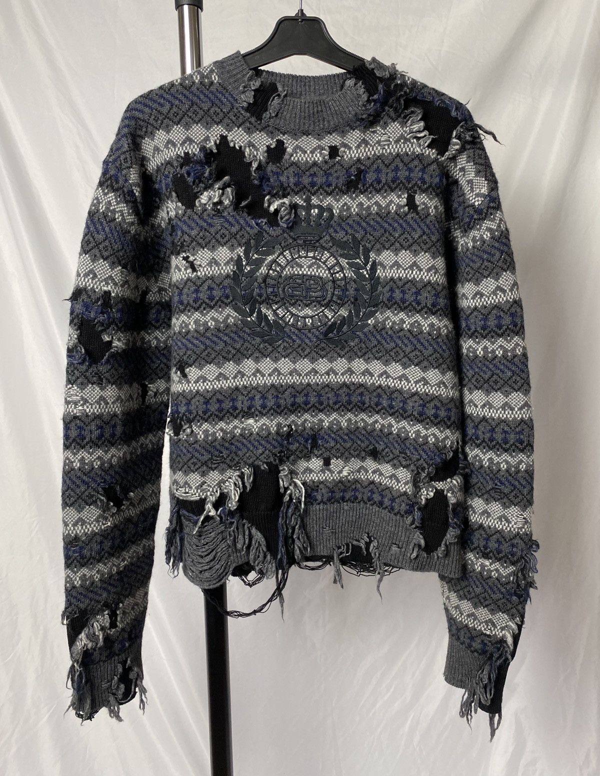 image of Balenciaga Bb Distressed Knit Sweater in Black, Men's (Size Small)