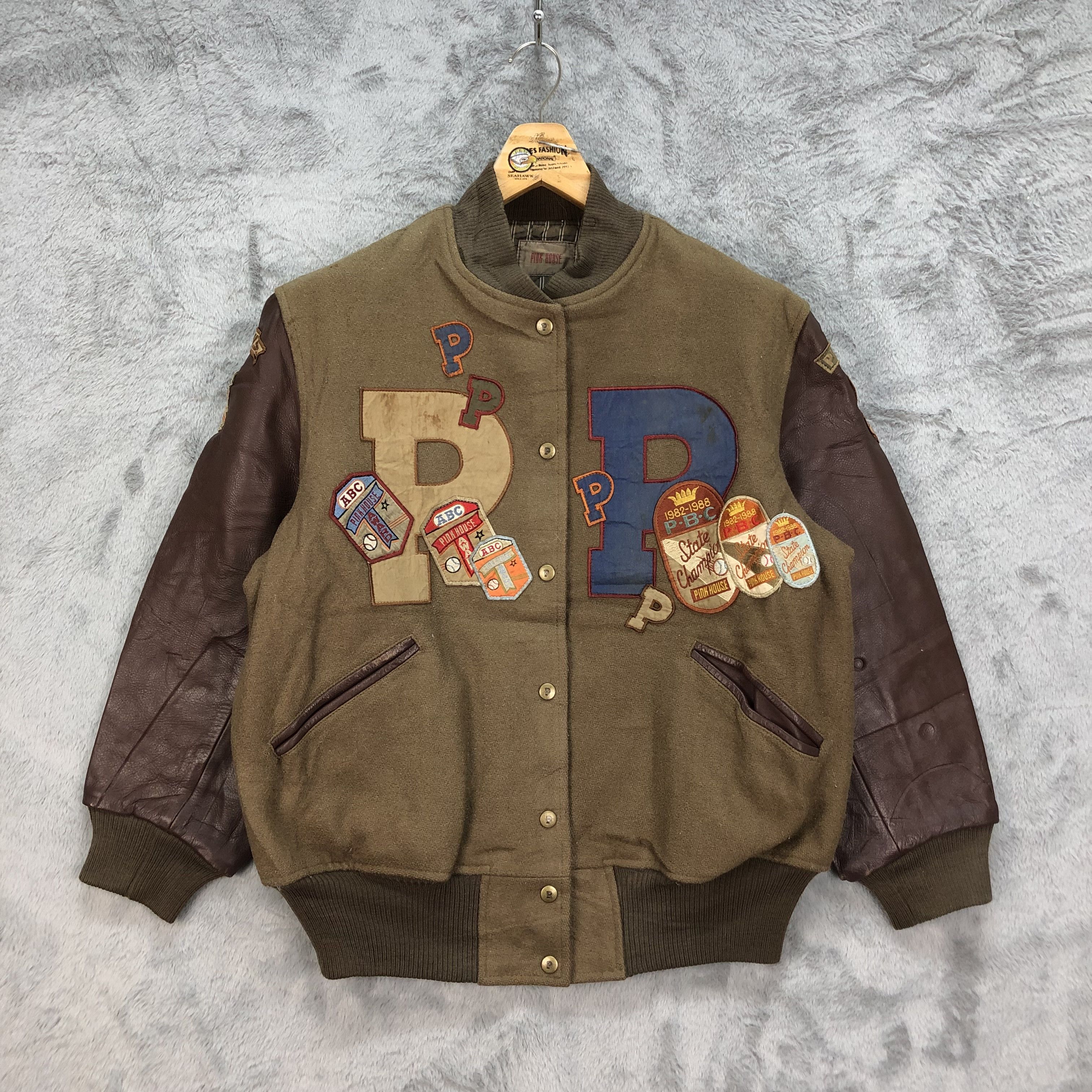 image of Oldvarsitystadium x Pink House Vintage 80's Pink House Patches Logo Varsity Jacket 4918-36 in Brown