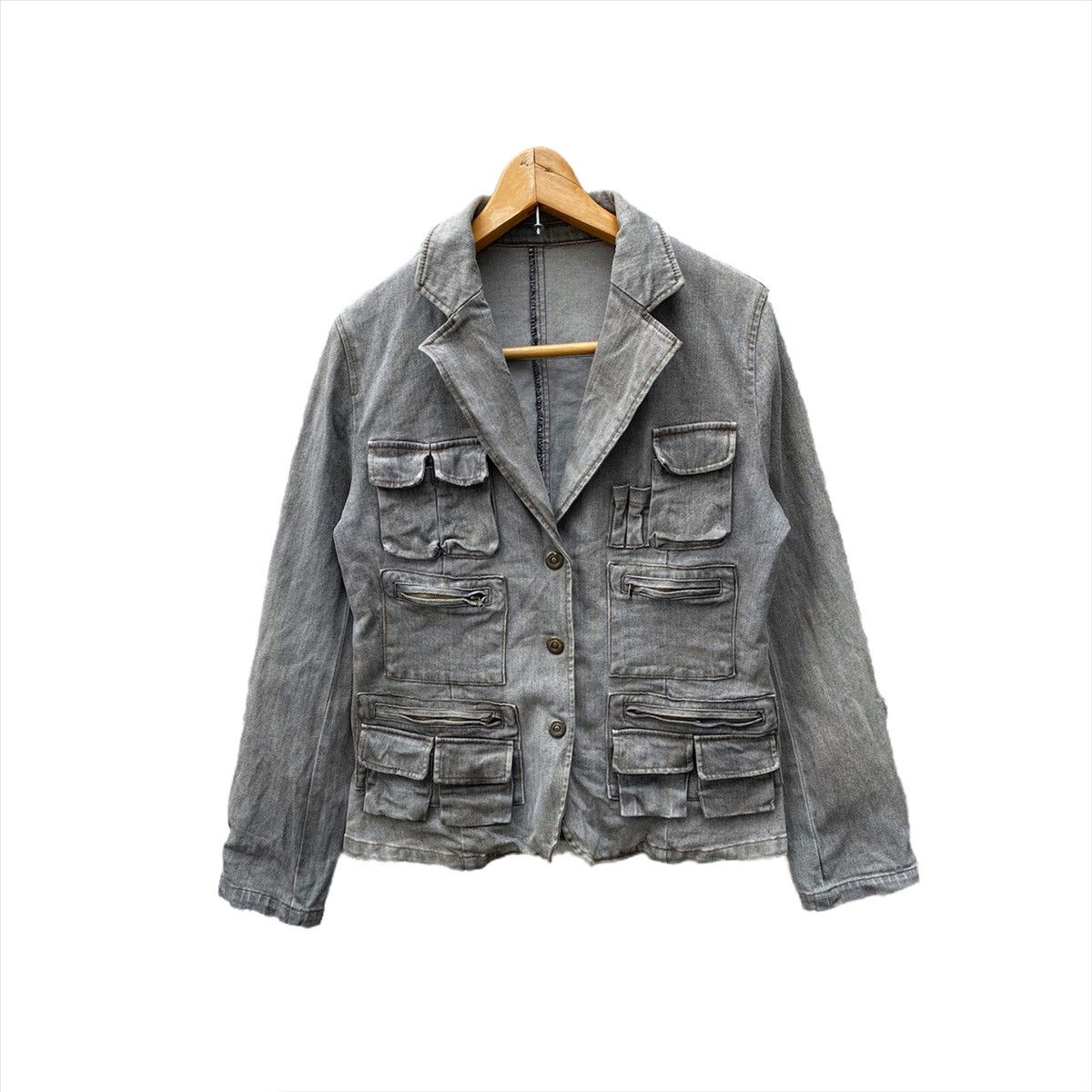 Japanese Brand SUN FADDED MULTI POCKET DENIM JACKET DISTRESSED FADDED GREY Size US S / EU 44-46 / 1 - 2 Thumbnail