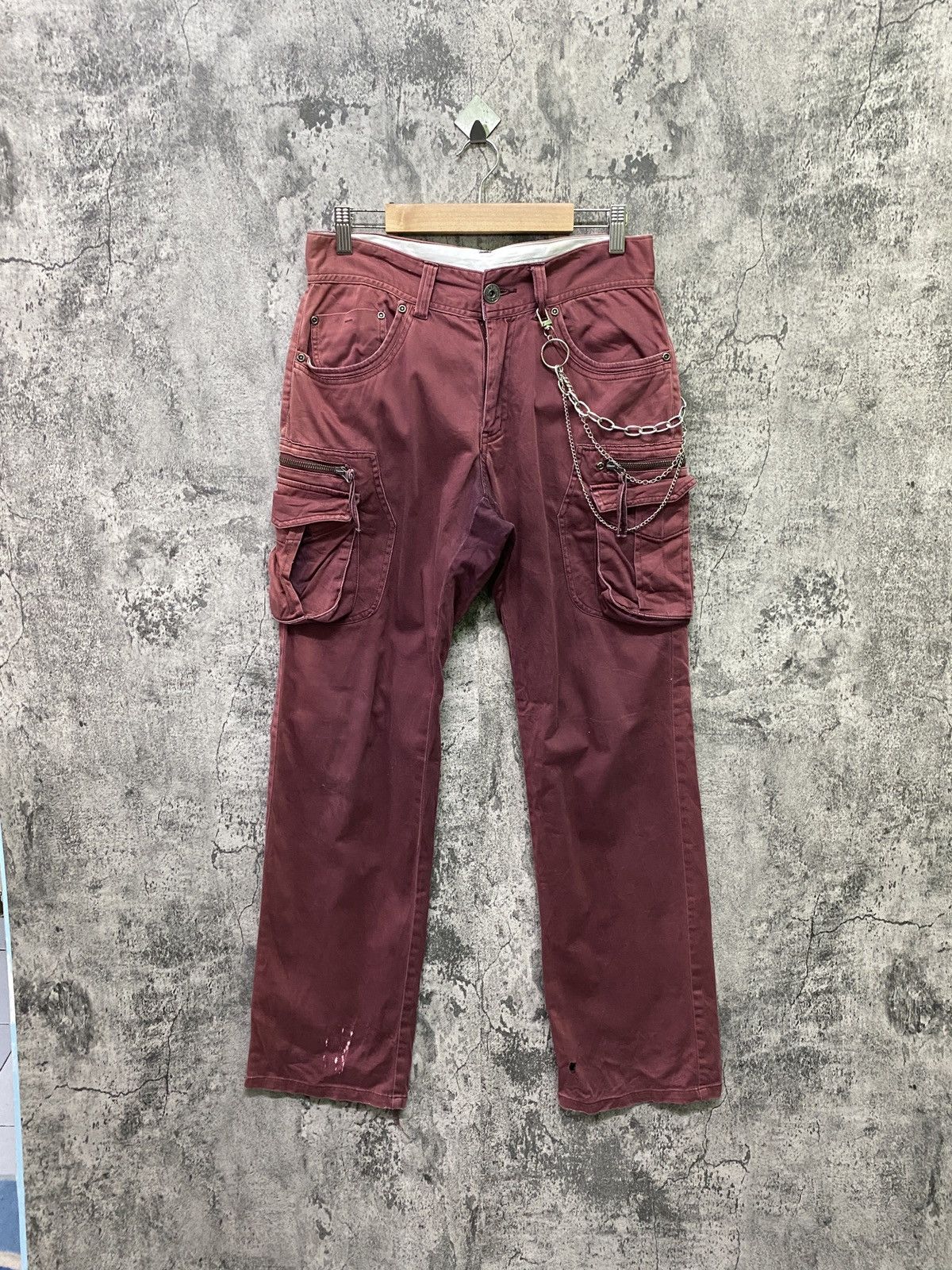 image of Designer Japan Brand Hvc Multipocket Cargo Super Faded Pants in Maroon, Men's (Size 30)