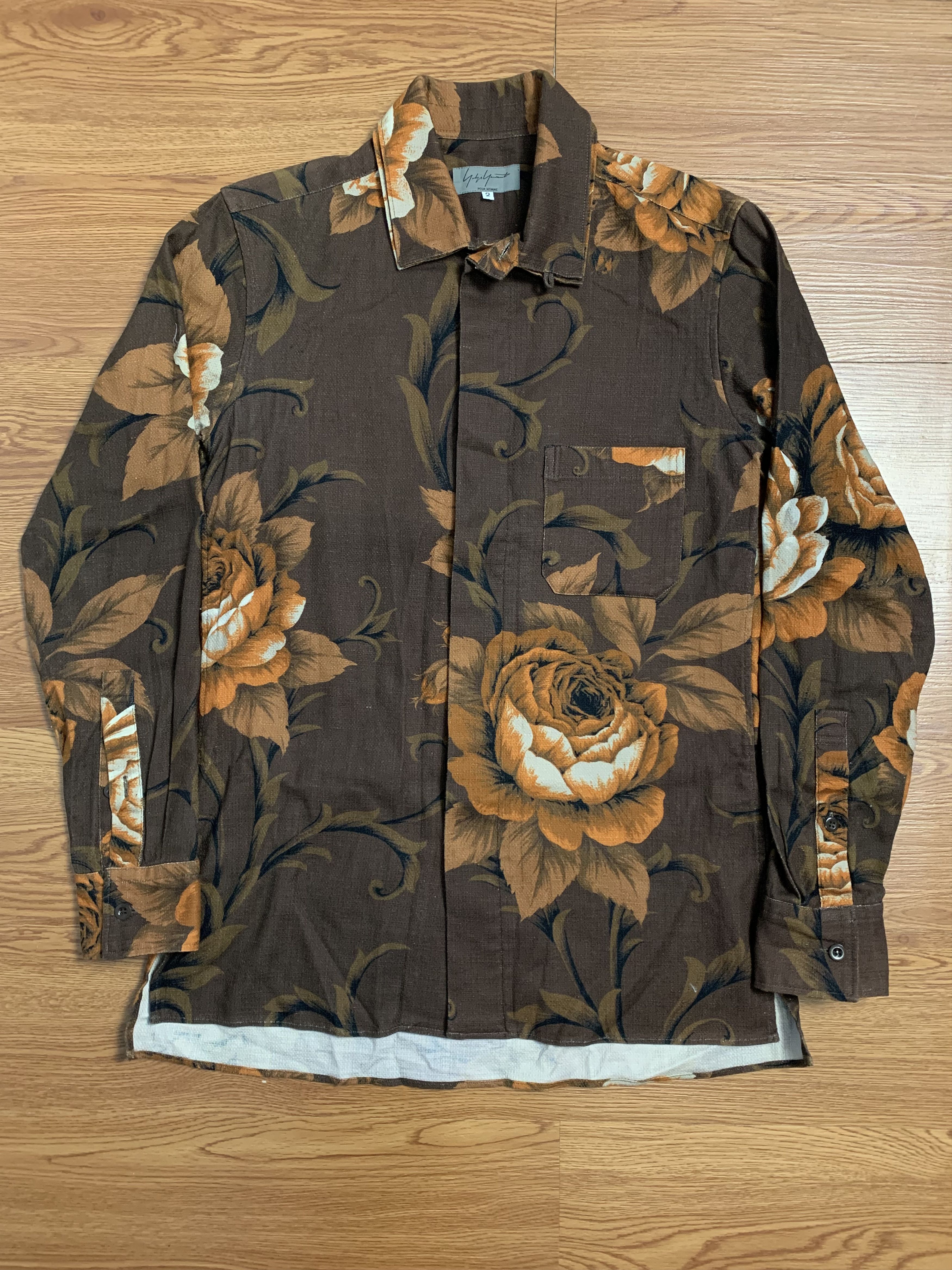 image of Yohji Yamamoto Pour Homme Brown Flower Long sleeve Shirt, Men's (Size Medium)