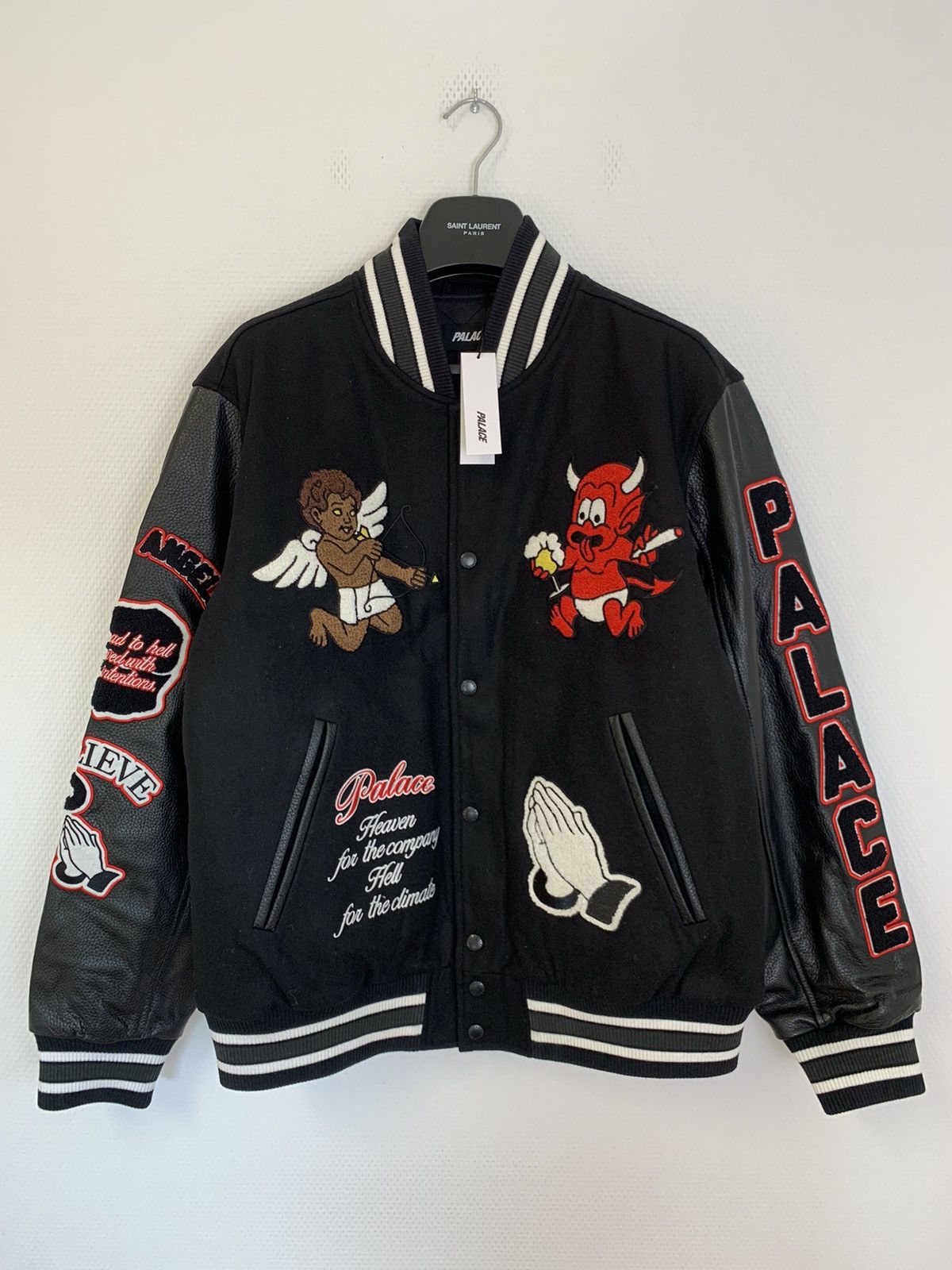 Palace fallen angels varsity jacket leather black | Grailed