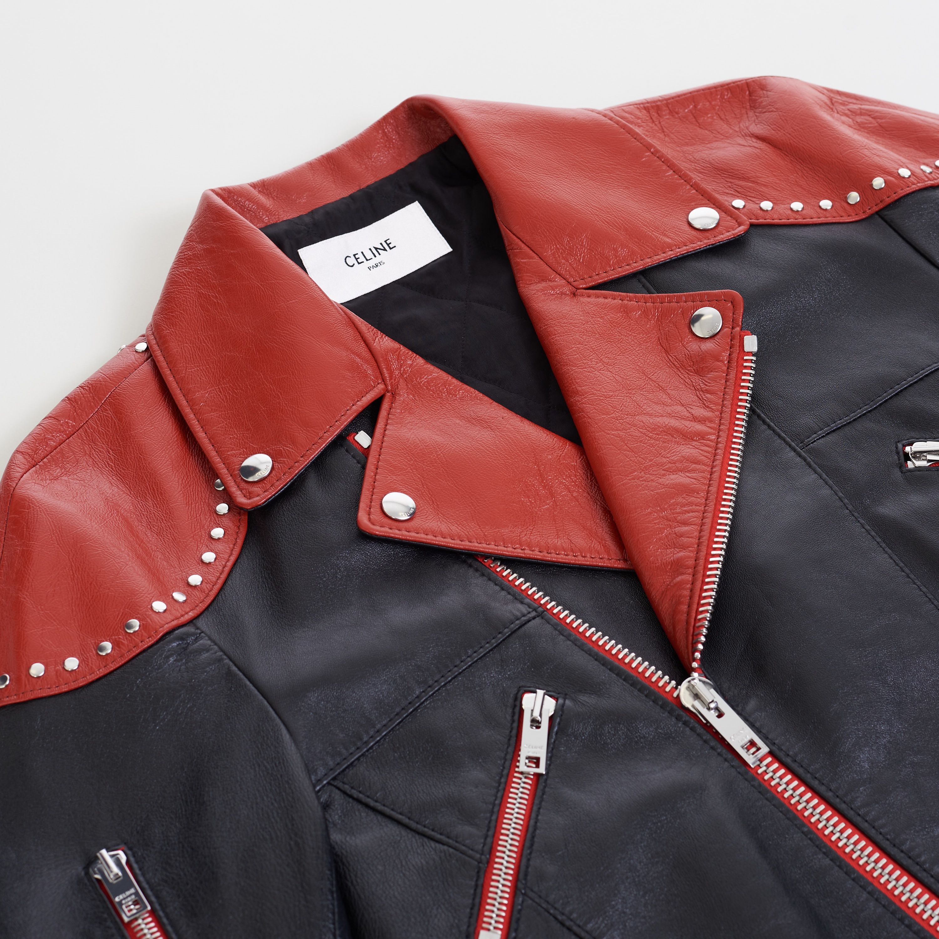 Celine Loose Fit Studded Biker Jacket In Black & Red Soft Lambskin Size US M / EU 48-50 / 2 - 10 Thumbnail