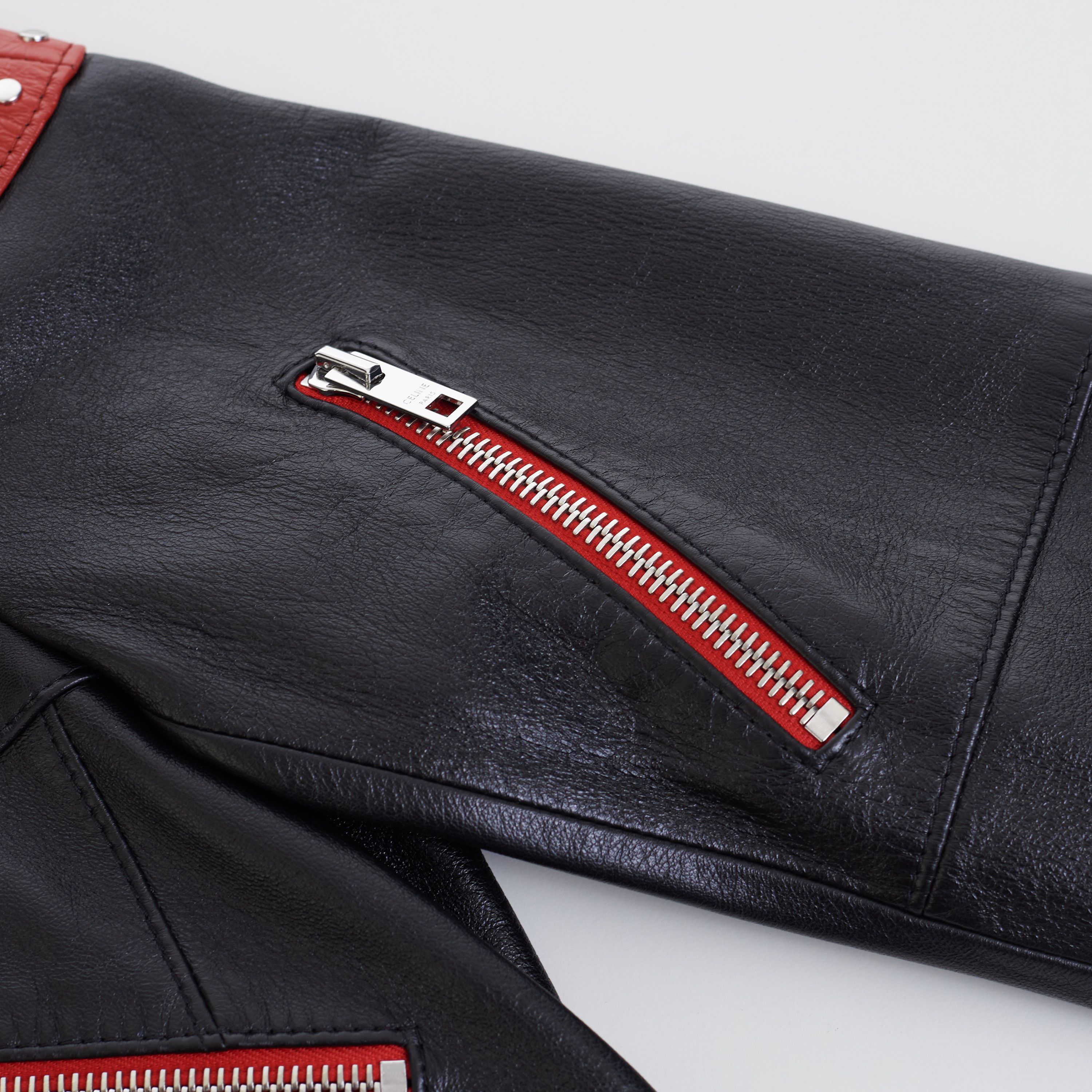 Celine Loose Fit Studded Biker Jacket In Black & Red Soft Lambskin Size US M / EU 48-50 / 2 - 21 Thumbnail