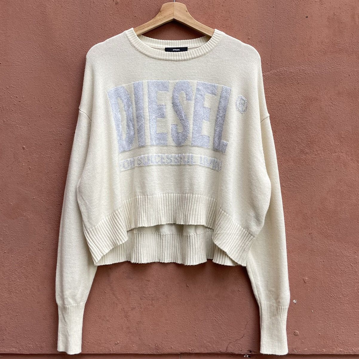 image of Vintage Y2K Diesel Big Logo Cropped Knit Sweater in Cream, Women's (Size XS)