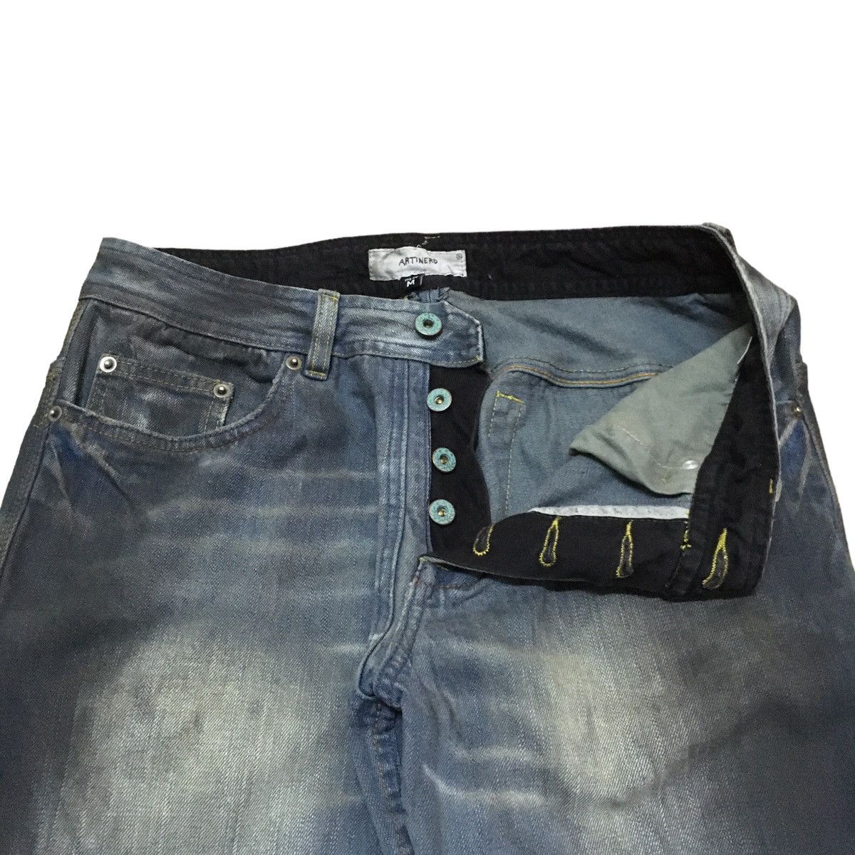 14th Addiction Rare Design Vintage Artinero Waxed Distressed Jeans 1990s Size US 30 / EU 46 - 6 Thumbnail