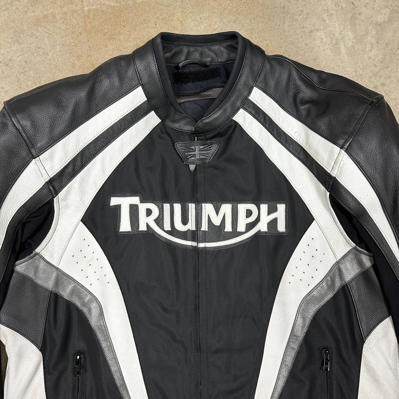 00s Black White Triumph Leather Motorcycle Riding Jacket U30 Leather Jackets