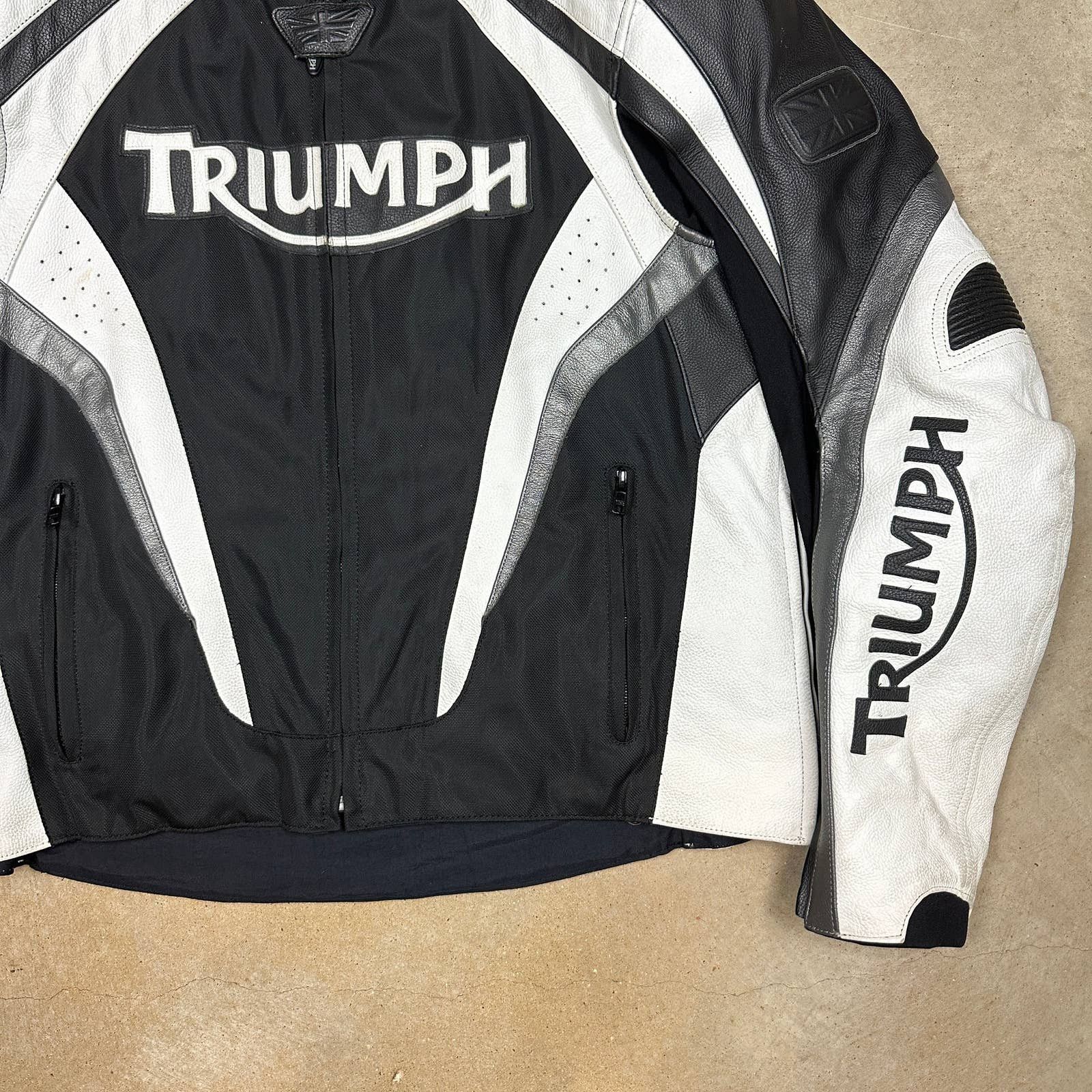 00s Black White Triumph Leather Motorcycle Riding Jacket U30 Leather Jackets