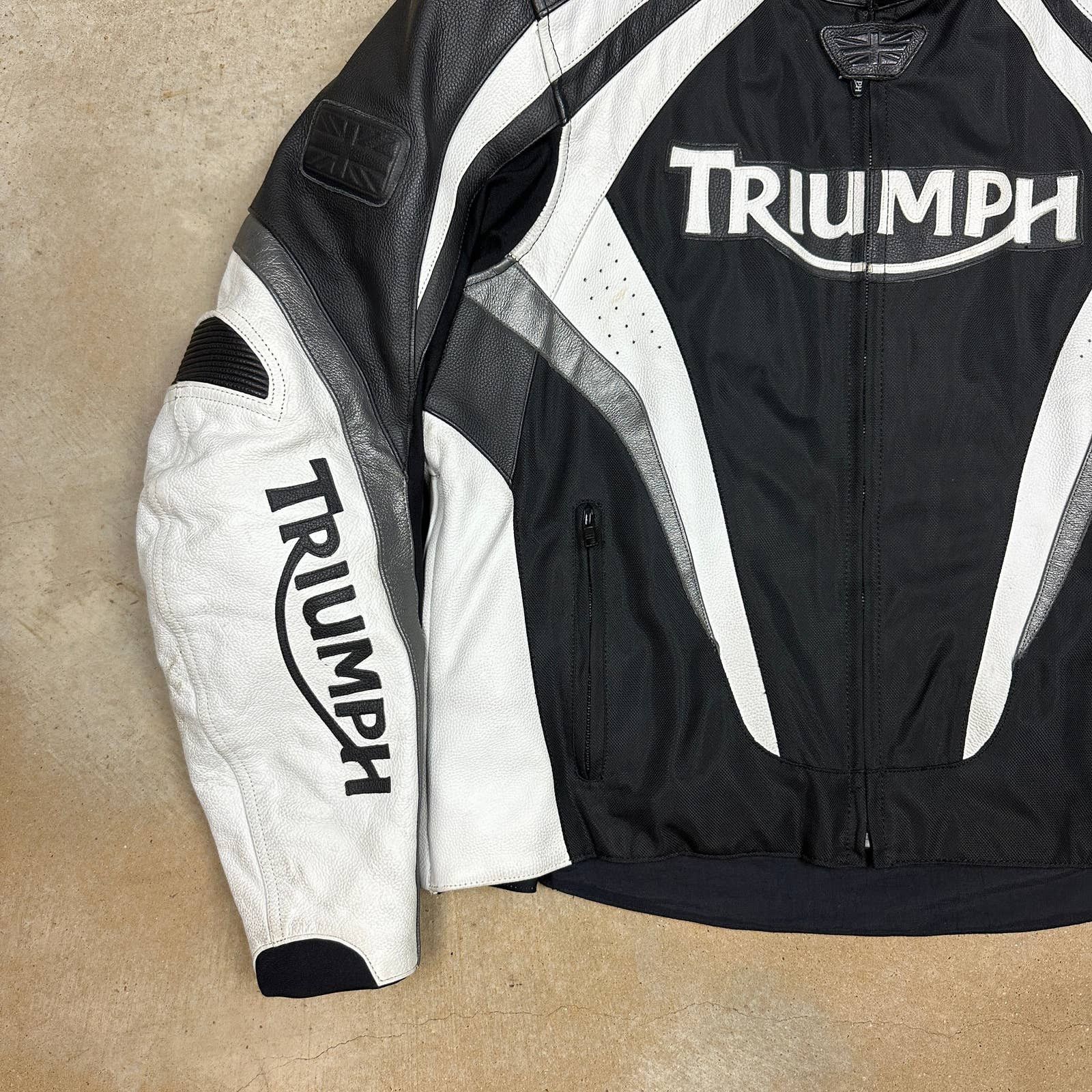 00s Black White Triumph Leather Motorcycle Riding Jacket U30 Leather Jackets