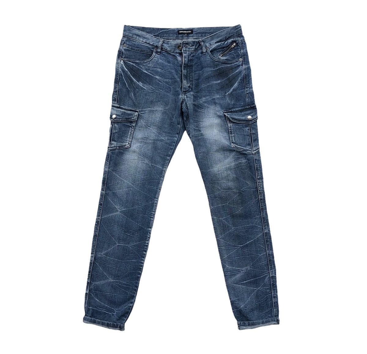 image of Distressed Denim Abstract Lines Distressed Multi-Pocket Denim Jeans in Blue Denim, Men's (Size 32)