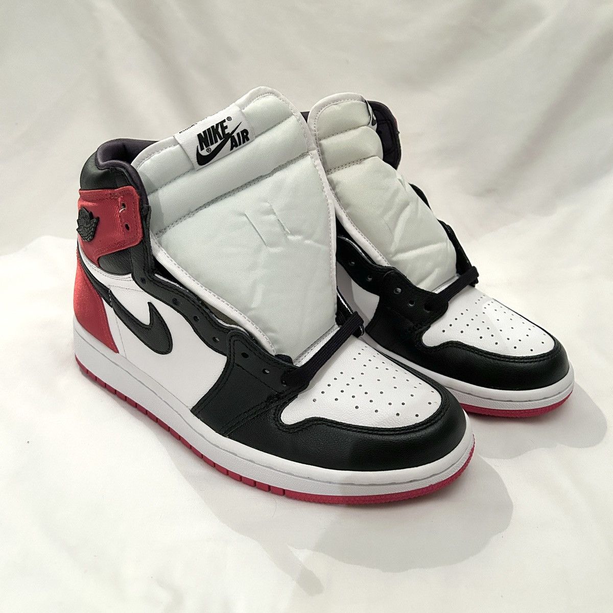 image of Jordan Nike Air Jordan 1 Satin Black Toe Shoes in Red, Women's (Size 8)