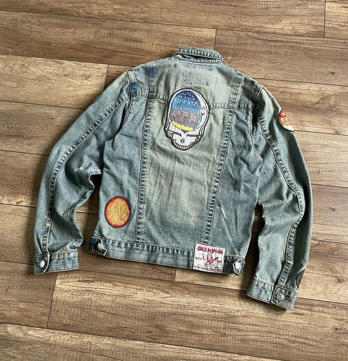 True Religion Men's Faded Distressed Patches Denim Trucker