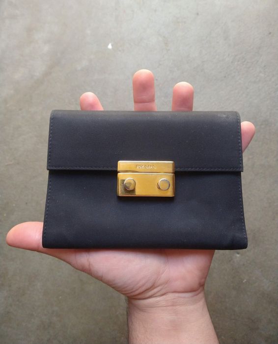 Prada Prada Wallet Black Nylon Saffiano Leather Trifold Cardholder ...