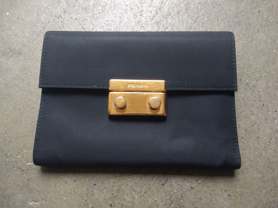 Prada Prada Wallet Black Nylon Saffiano Leather Trifold Cardholder ...