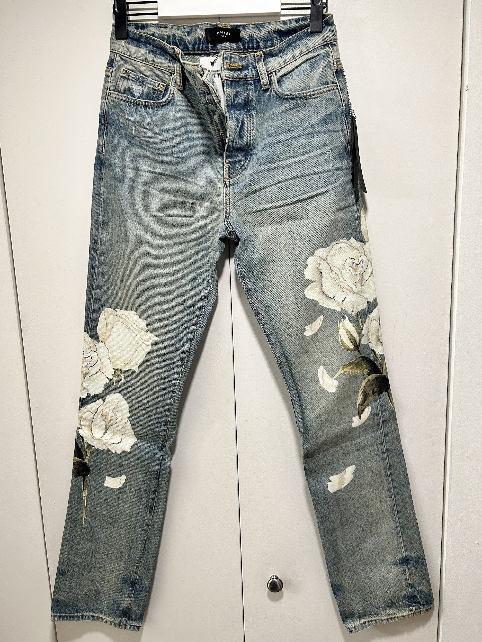 image of Amiri Flower Painted Jeans Relaxed Size 30 in Light Blue, Men's