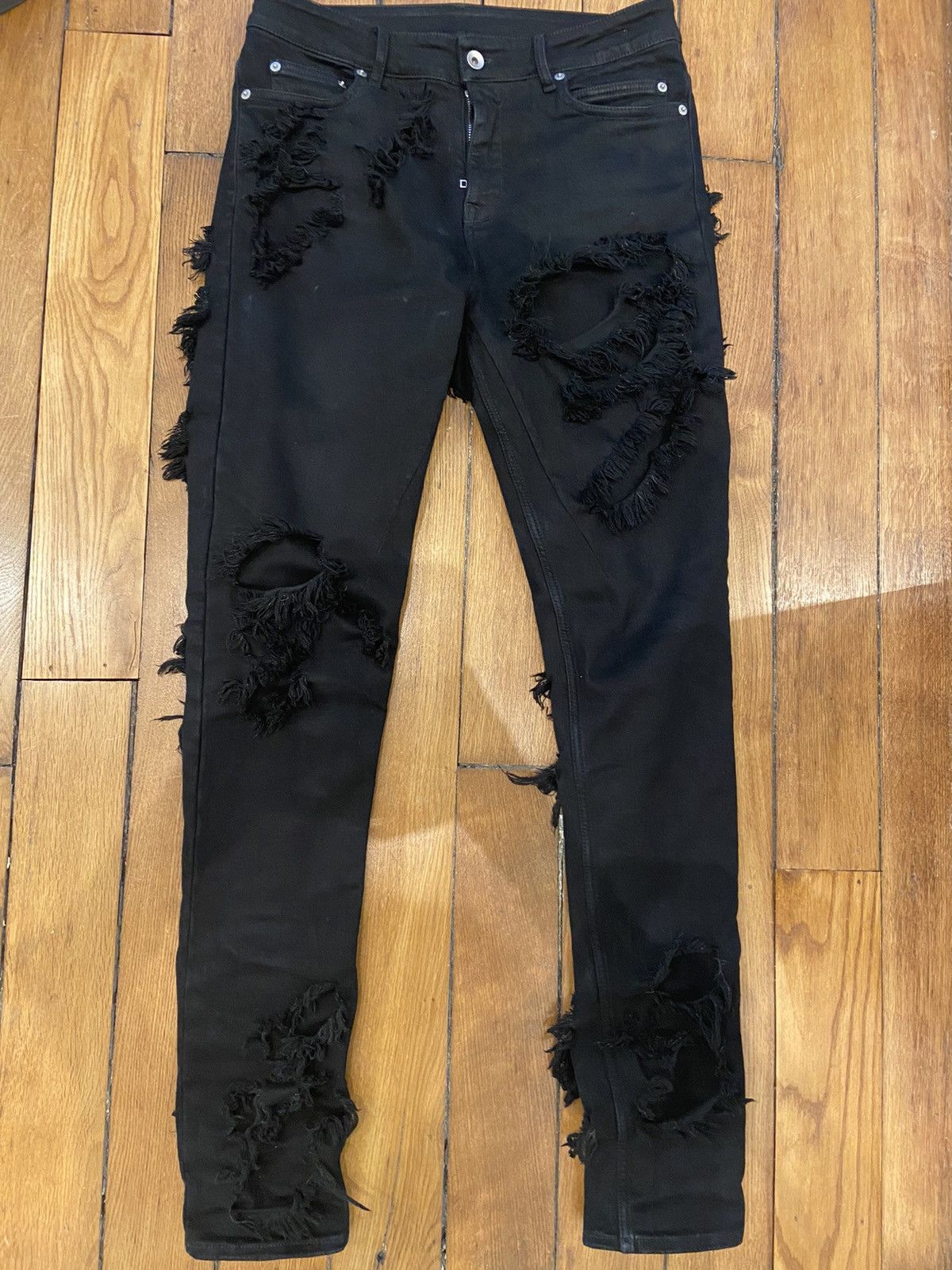 image of Rick Owens Destroyed Tyrone Cut Denim in Black, Men's (Size 28)
