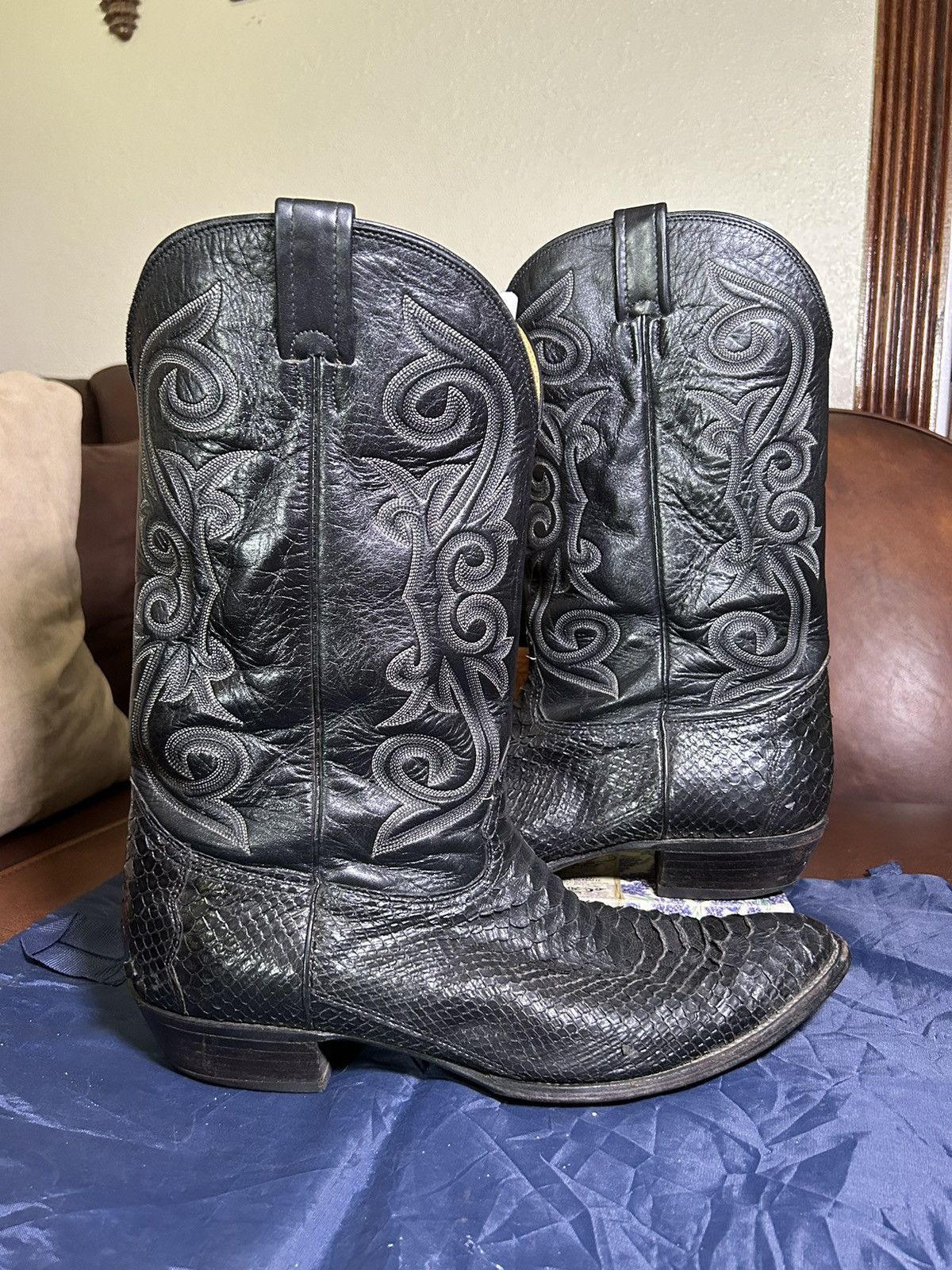 Bottes De Cowboy Vintage Nocona En Peau De Serpent Python Bleu - Taille 12 D (US) - Fabriqué USA - Reconditionnées