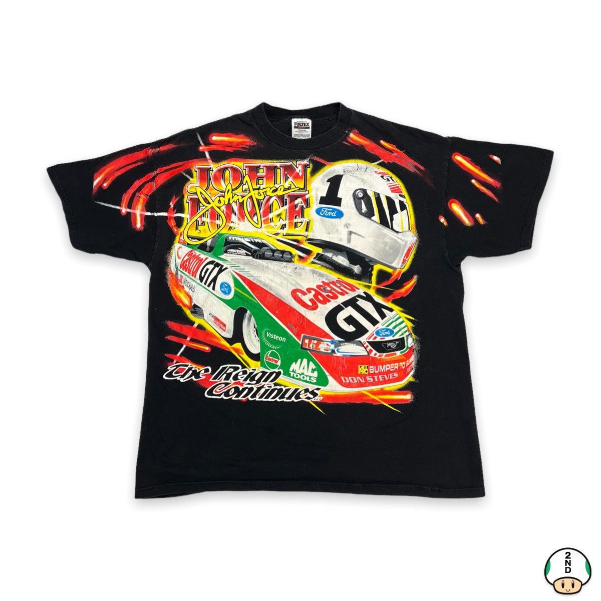 image of Vintage 90's John Force Full Print Nascar Tee in Black, Men's (Size 2XL)