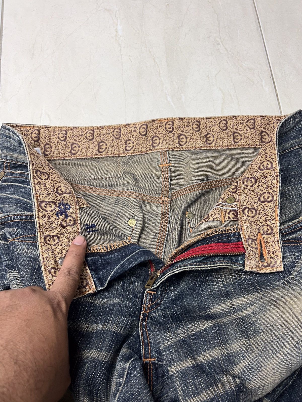 Edwin × Vintage Vintage Edwin 503 Blue Trip Distressed Denim Size US 32 / EU 48 - 14 Thumbnail