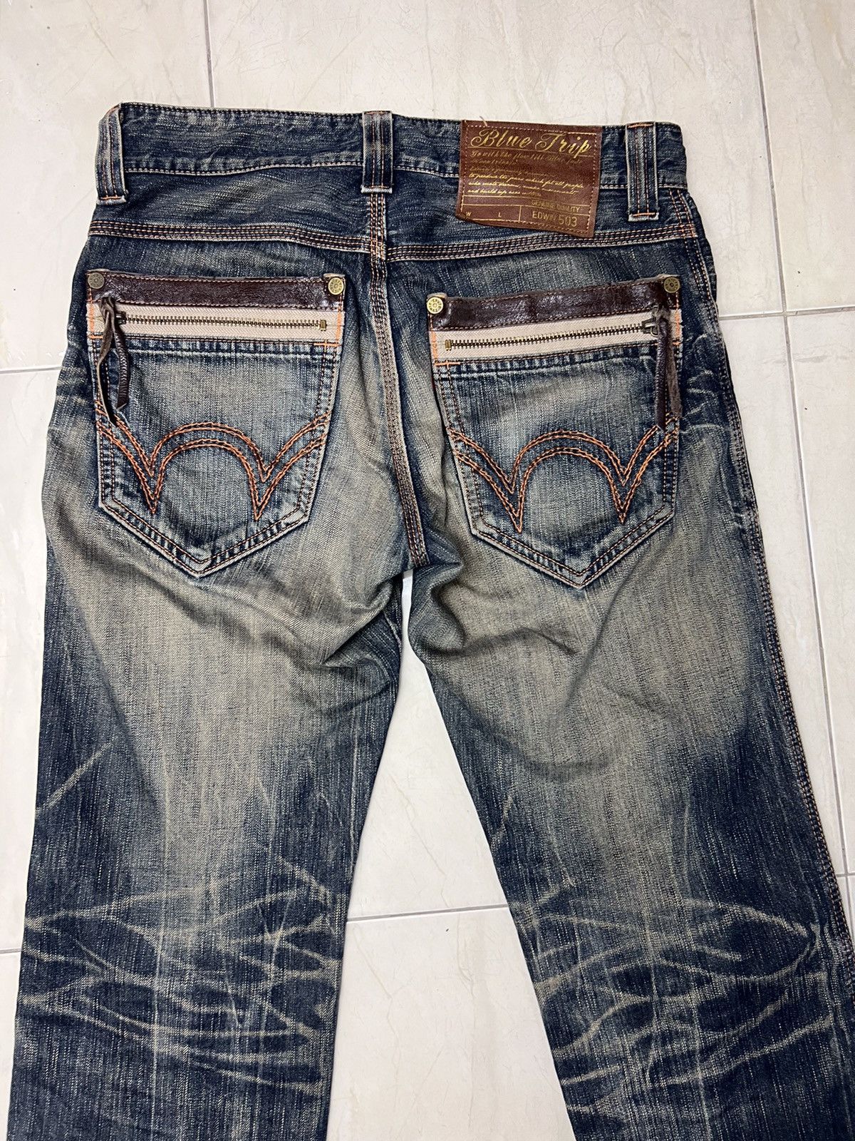 Edwin × Vintage Vintage Edwin 503 Blue Trip Distressed Denim Size US 32 / EU 48 - 2 Thumbnail