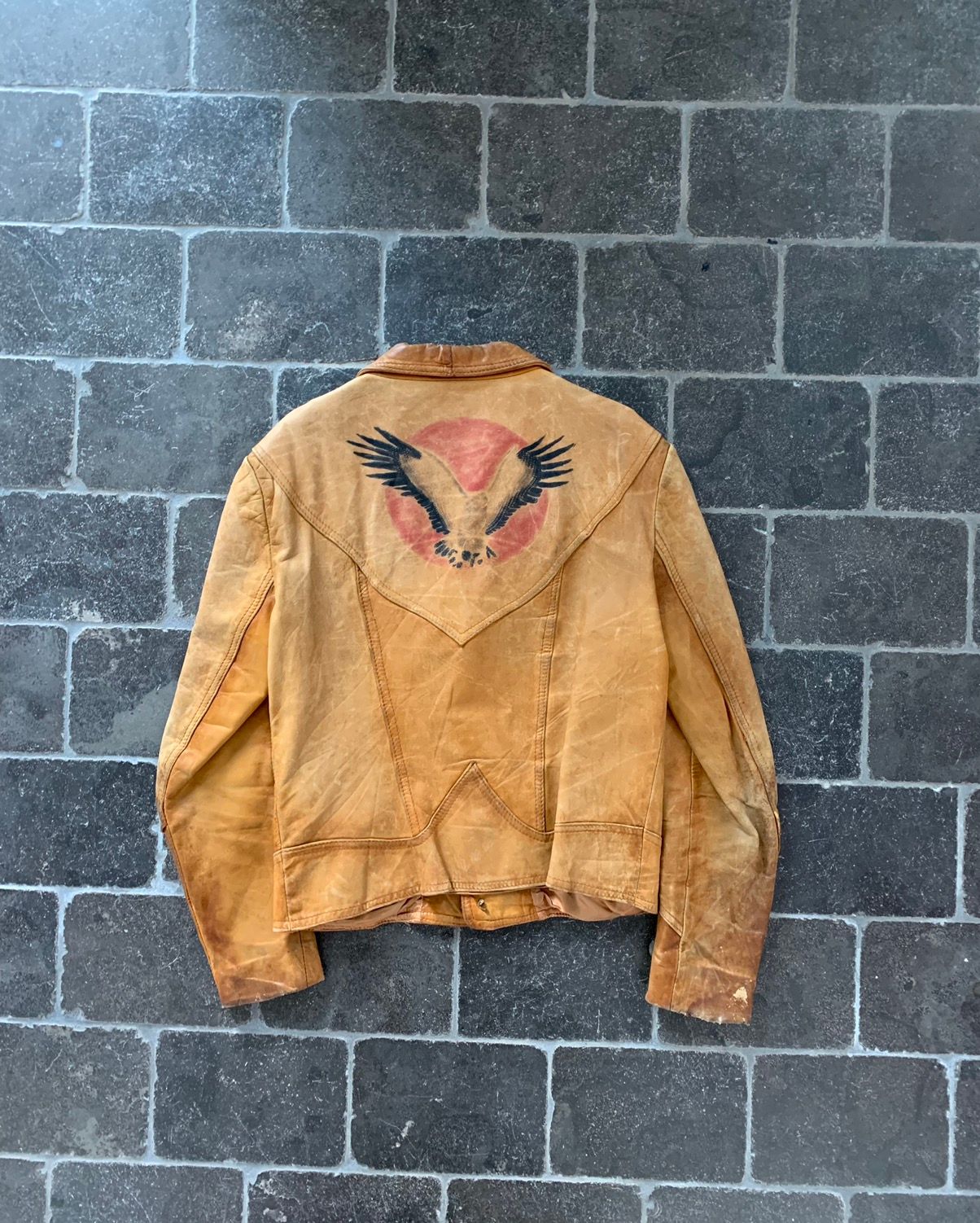 Pre-owned Leather Jacket 1970s Vintage Painted Hippie  Boho Ranch Eagle In Brown