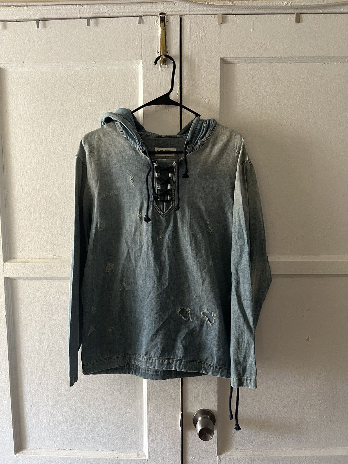 image of Saint Laurent Paris Denim Laced Hoodie in Blue, Men's (Size XS)
