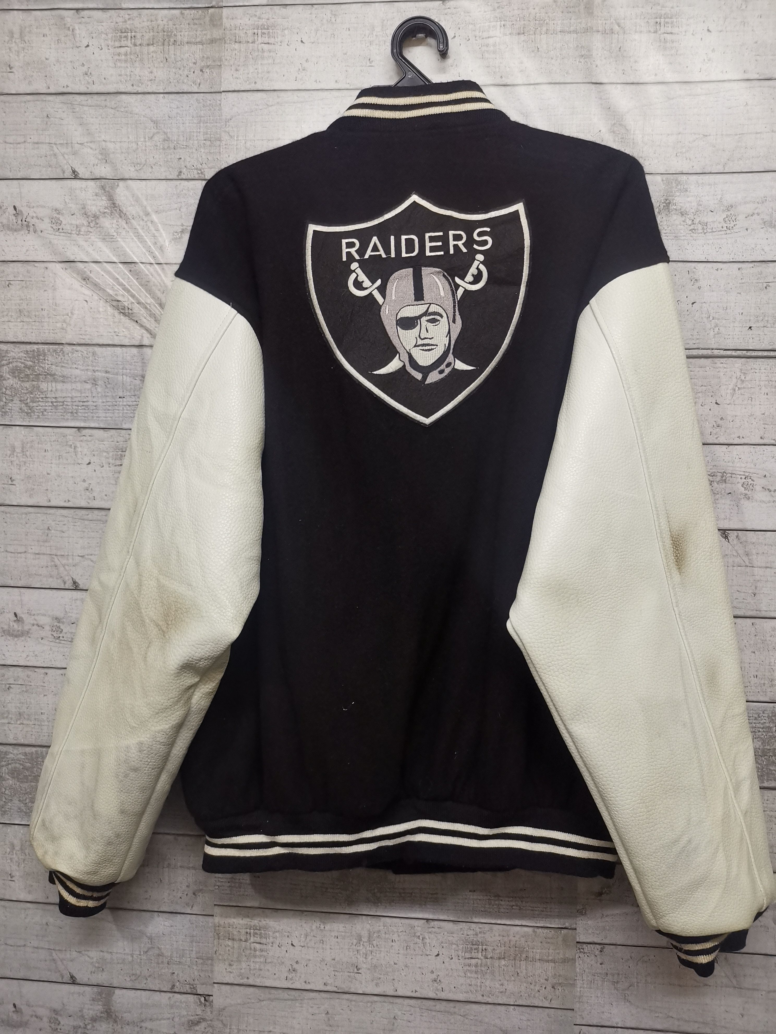 image of Leather Jacket x Oakland Raiders Raiders Oakland Leather Sleeve Varsity Jacket in Black/White (Size