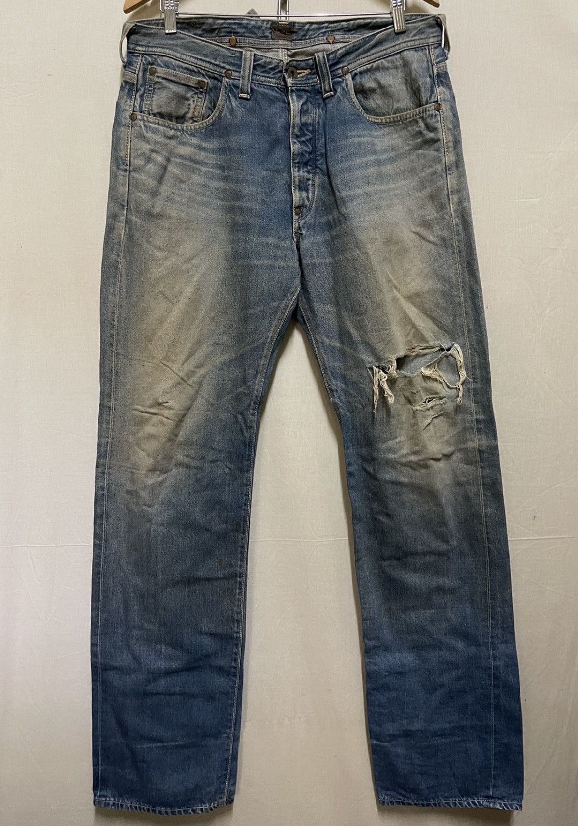 image of Distressed Denim x Lee Buckle Back Distressed Selvedge Thrashed Jeans Vintage, Men's (Size 34)