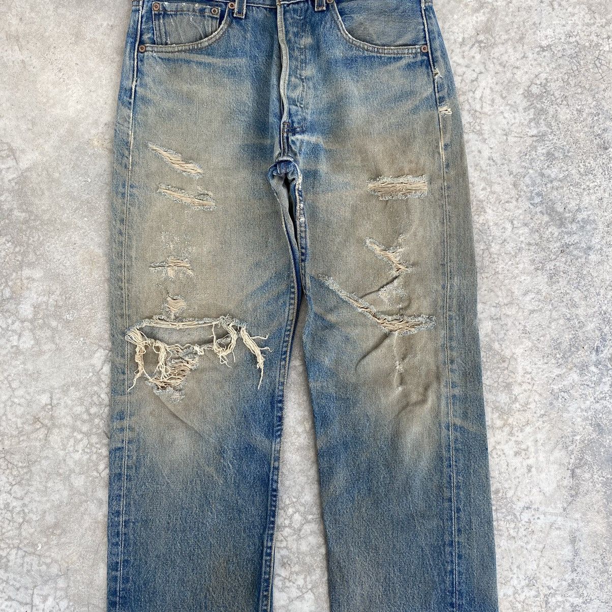 image of Distressed Denim x Levis Vintage 90’S Levis 501 Mud Washed Faded Ripped Denim Jeans in Faded Blue (