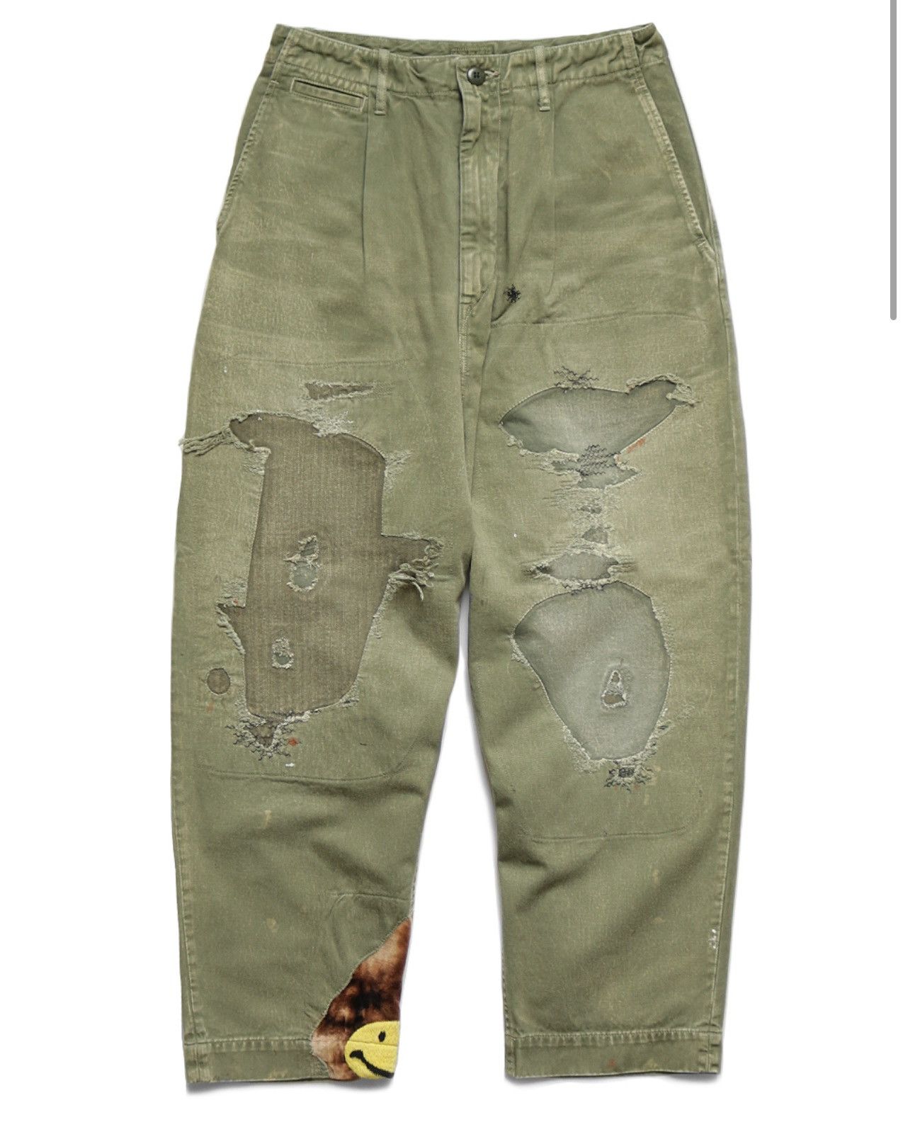 image of Kapital Katsuragi Highwaist Lumberjack Damaged Nimes Pants in Kaki, Men's (Size 34)