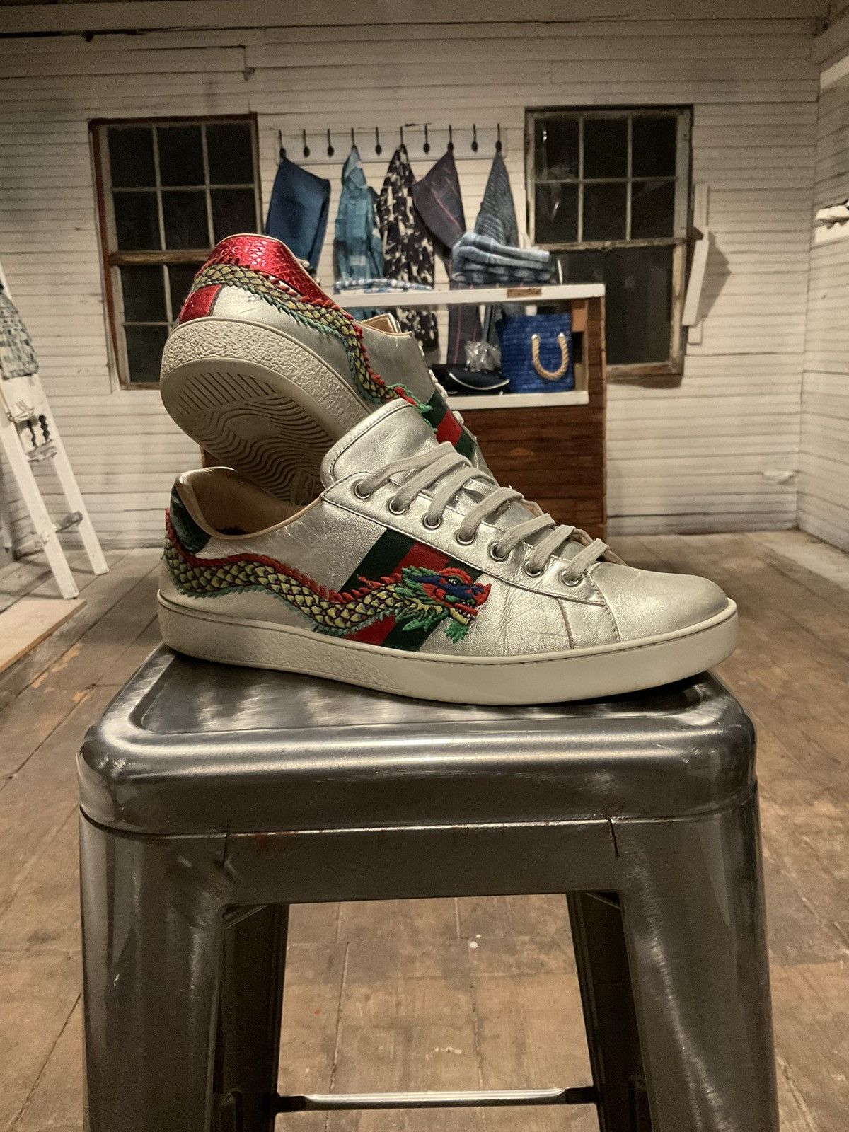 Gucci GUCCI ACE EMBROIDERED SILVER DRAGON SNEAKERS Grailed