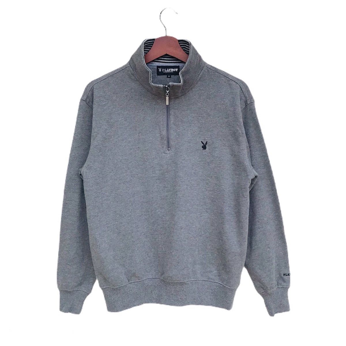 image of Playboy Half Zipper Sweatshirt Jumper Small Logo Embroidery in Grey, Men's (Size Medium)