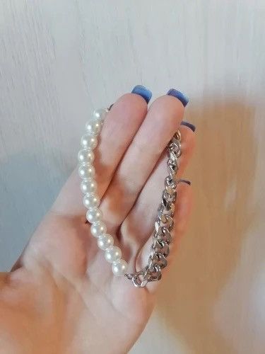 Jewelry Pearl Bead Stainless Steel Cuban Chain Bracelet, Men's