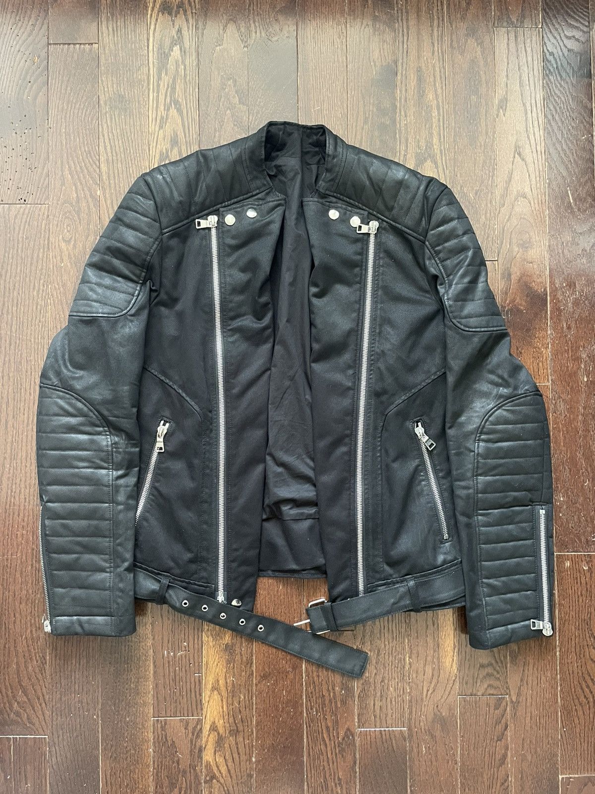 Balmain Moto Biker Jacket Waxed Raw Denim Black