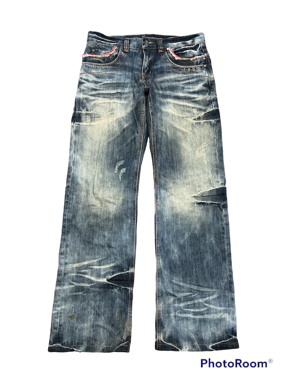 Japanese Brand SUPER SICK🔥 Semantic Design Washed Distressed Denim Pant Size US 35 - 1 Thumbnail