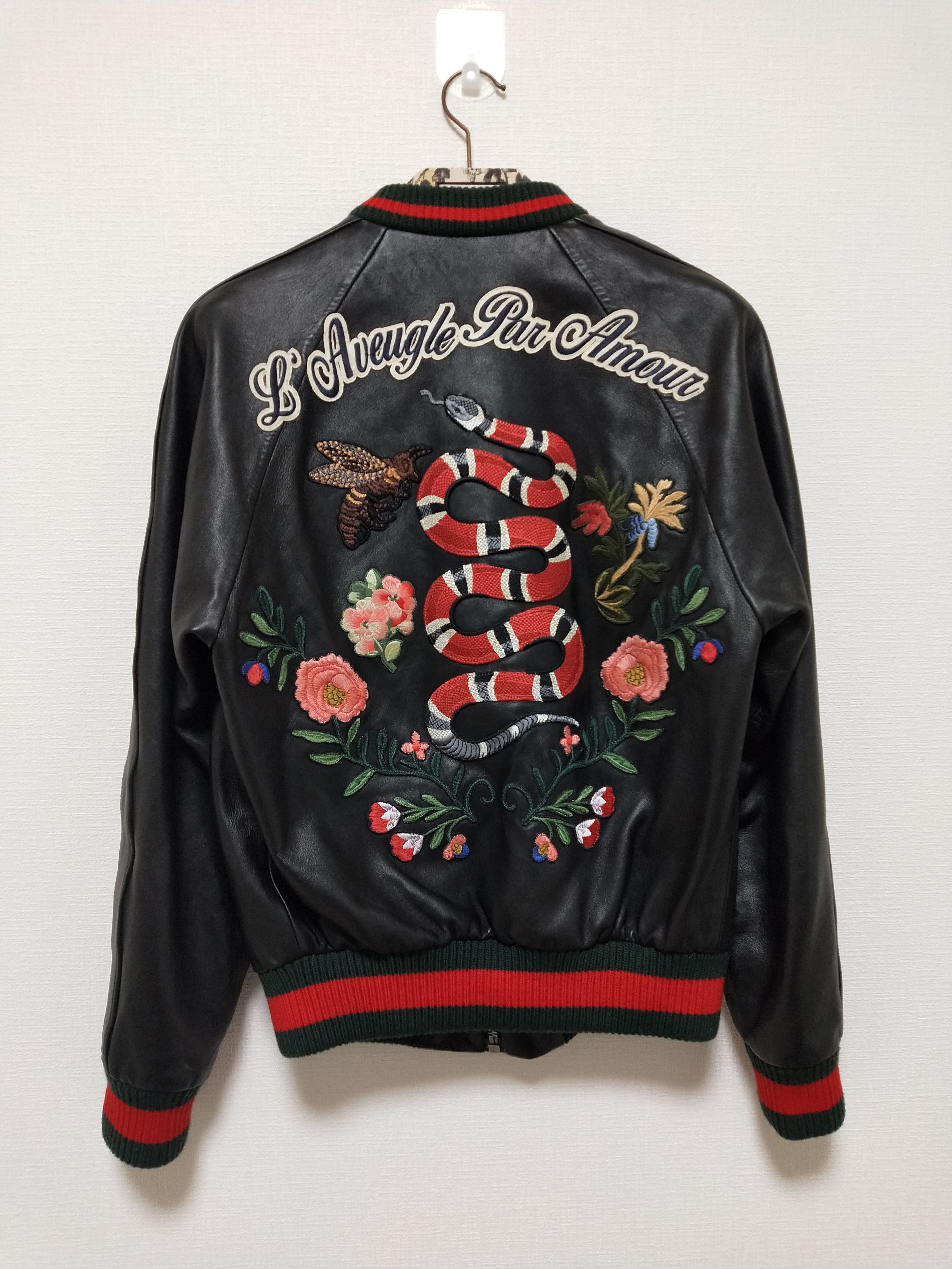 image of Gucci Snake Embroidered Leather Jacket in Black, Men's (Size Medium)