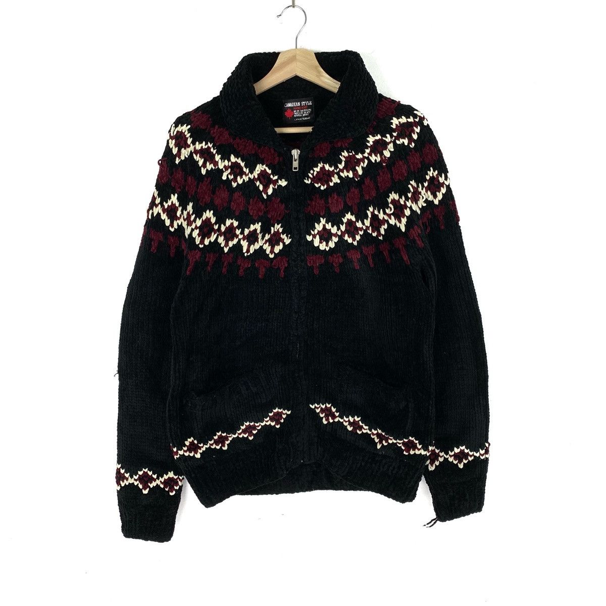 image of Vintage Hand Knit Sweater Canadian Style Zipped Jacket in Black, Men's (Size Large)