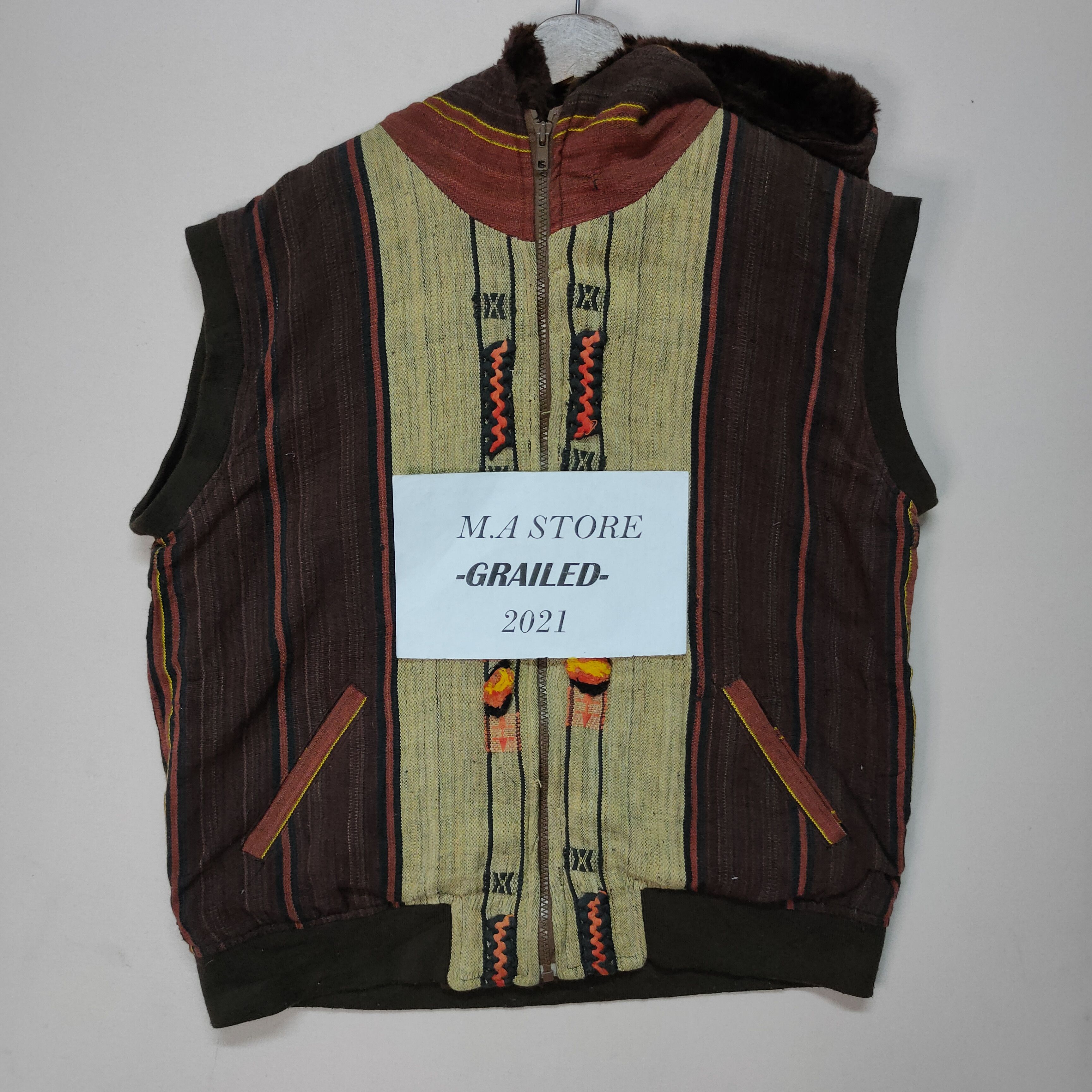 image of Art x Pendleton Vintage Amina Zipper Ups Sleeveless Hoodie Jacket in Brown, Men's (Size Large)