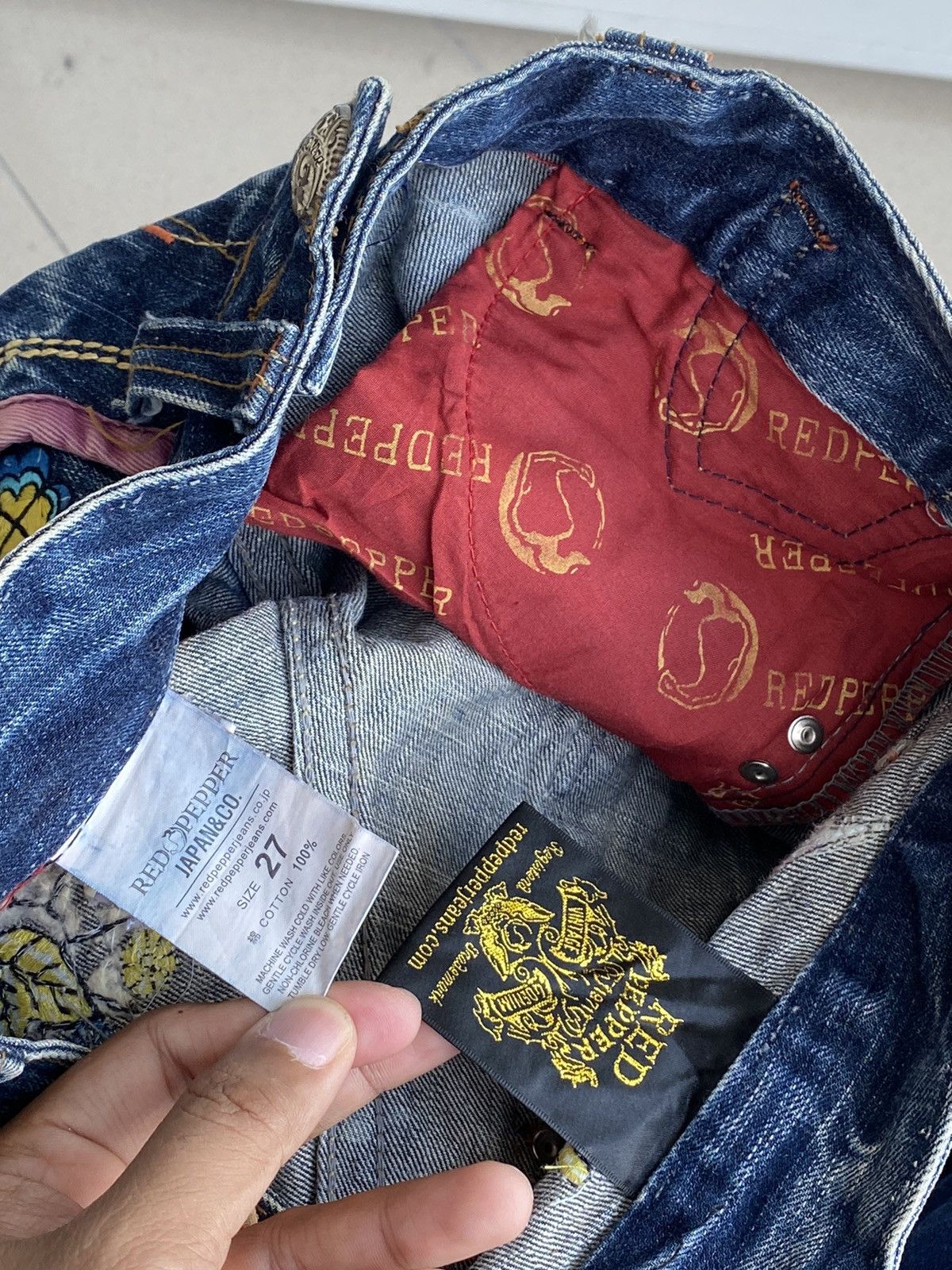 Japanese Brand × Vintage XX Red Pepper Skulls Flowers Embroidered Denim Size US 30 / EU 46 - 11 Thumbnail