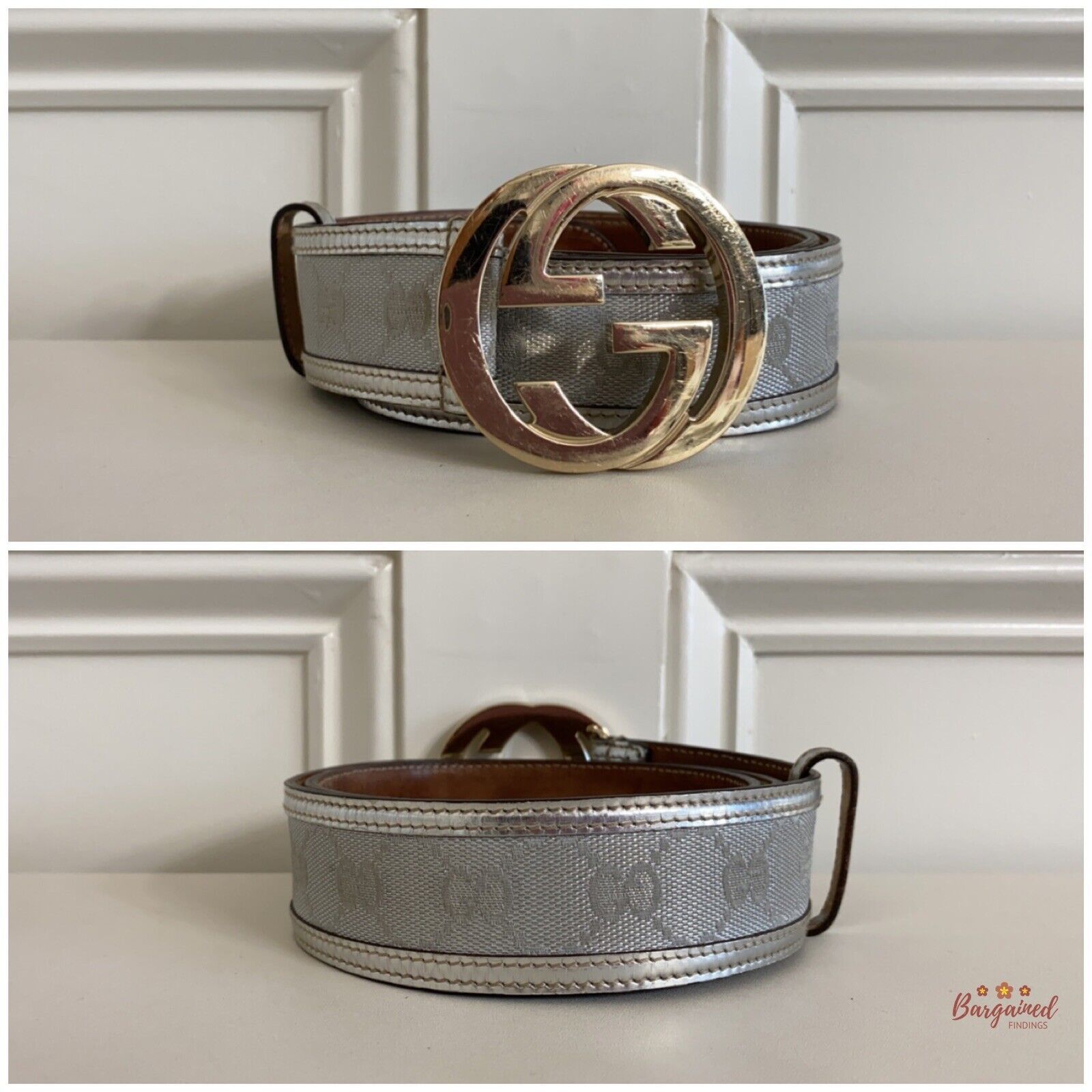 Gucci Gucci Silver Monogram Leather Interlocking G Buckle Belt Size 30 - 3 Thumbnail
