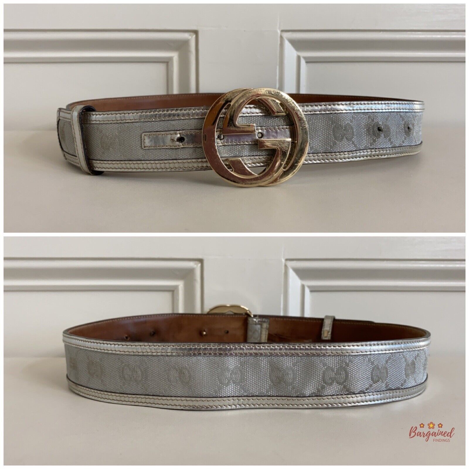 Gucci Gucci Silver Monogram Leather Interlocking G Buckle Belt Size 30 - 4 Thumbnail