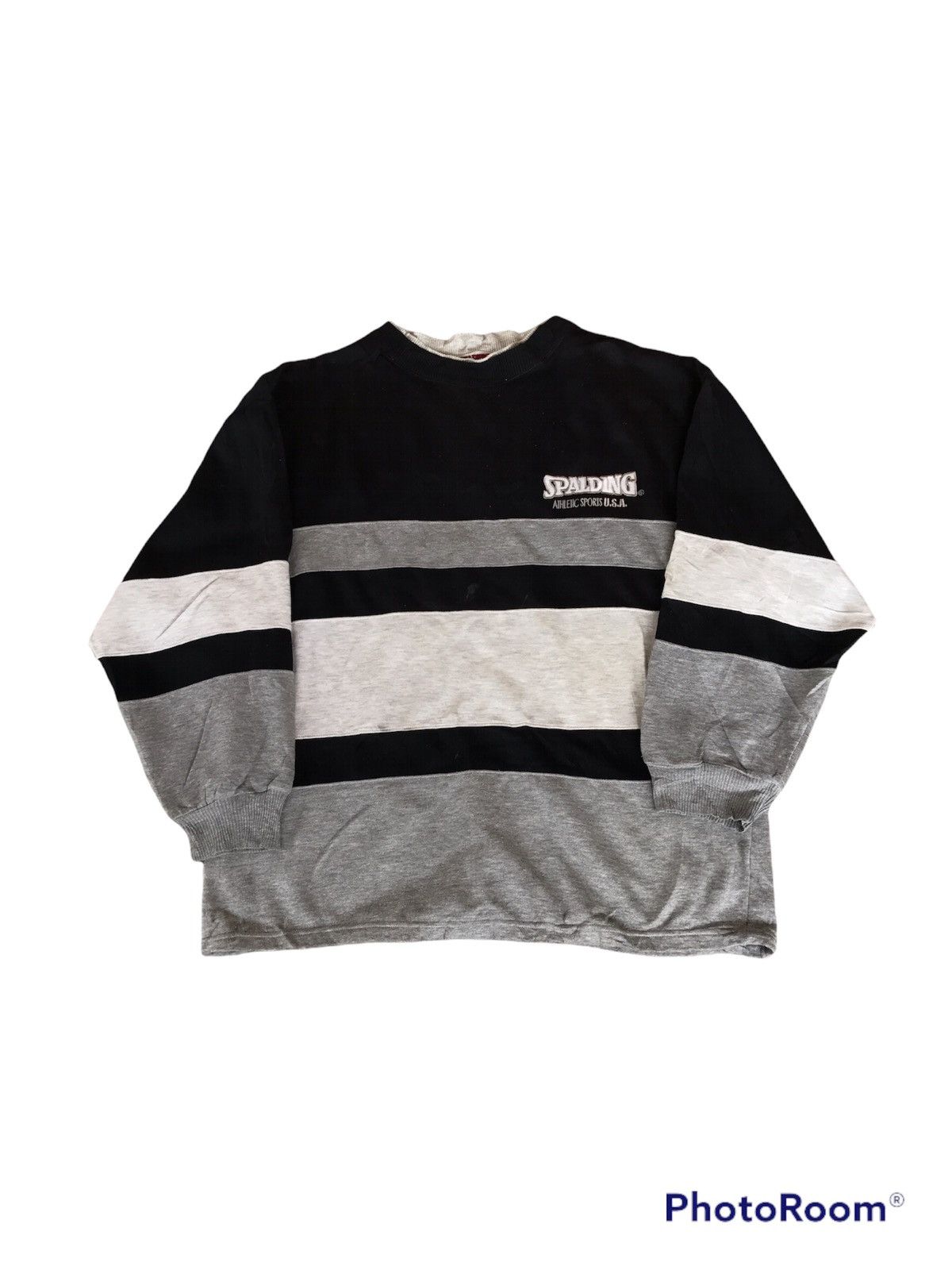 Spalding × Vintage Vintage 90s Spalding Sweatshirt Striped American Sport Size US L / EU 52-54 / 3 - 1 Thumbnail