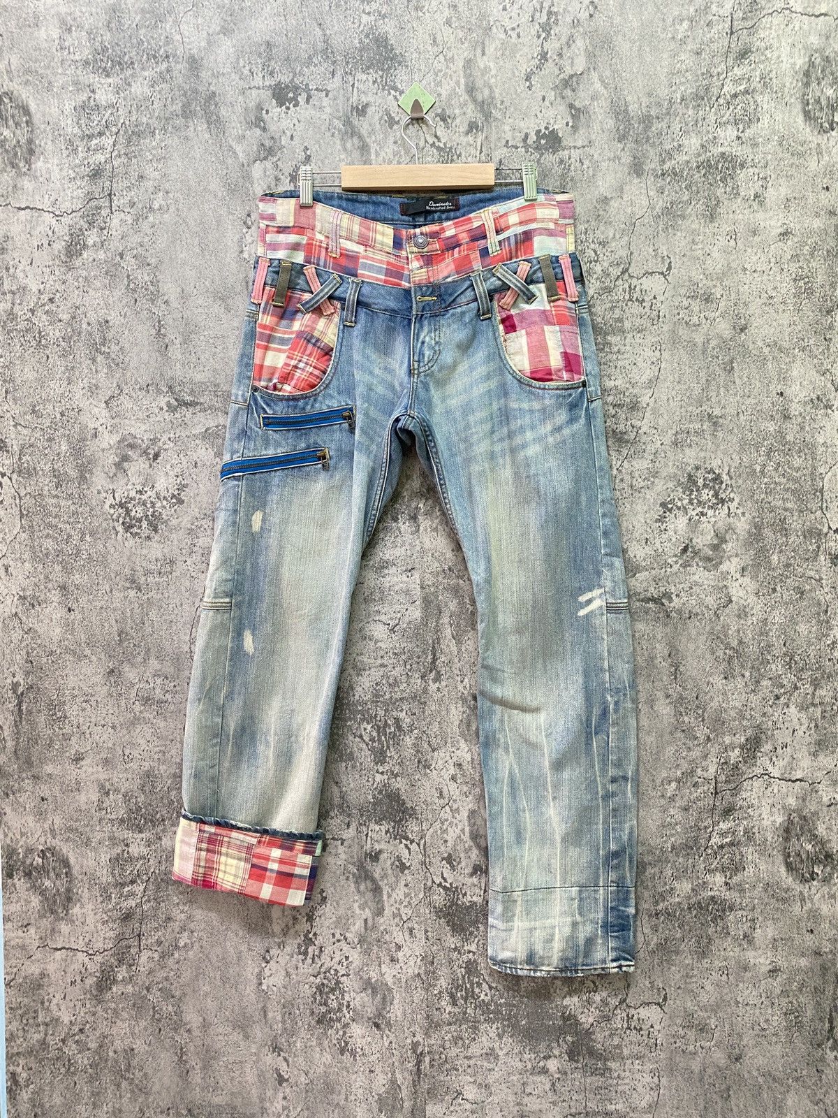 image of Distressed Denim Dominate Handcrafted Jeans Double Waist Patchwork Jeans in Blue, Men's (Size 32)