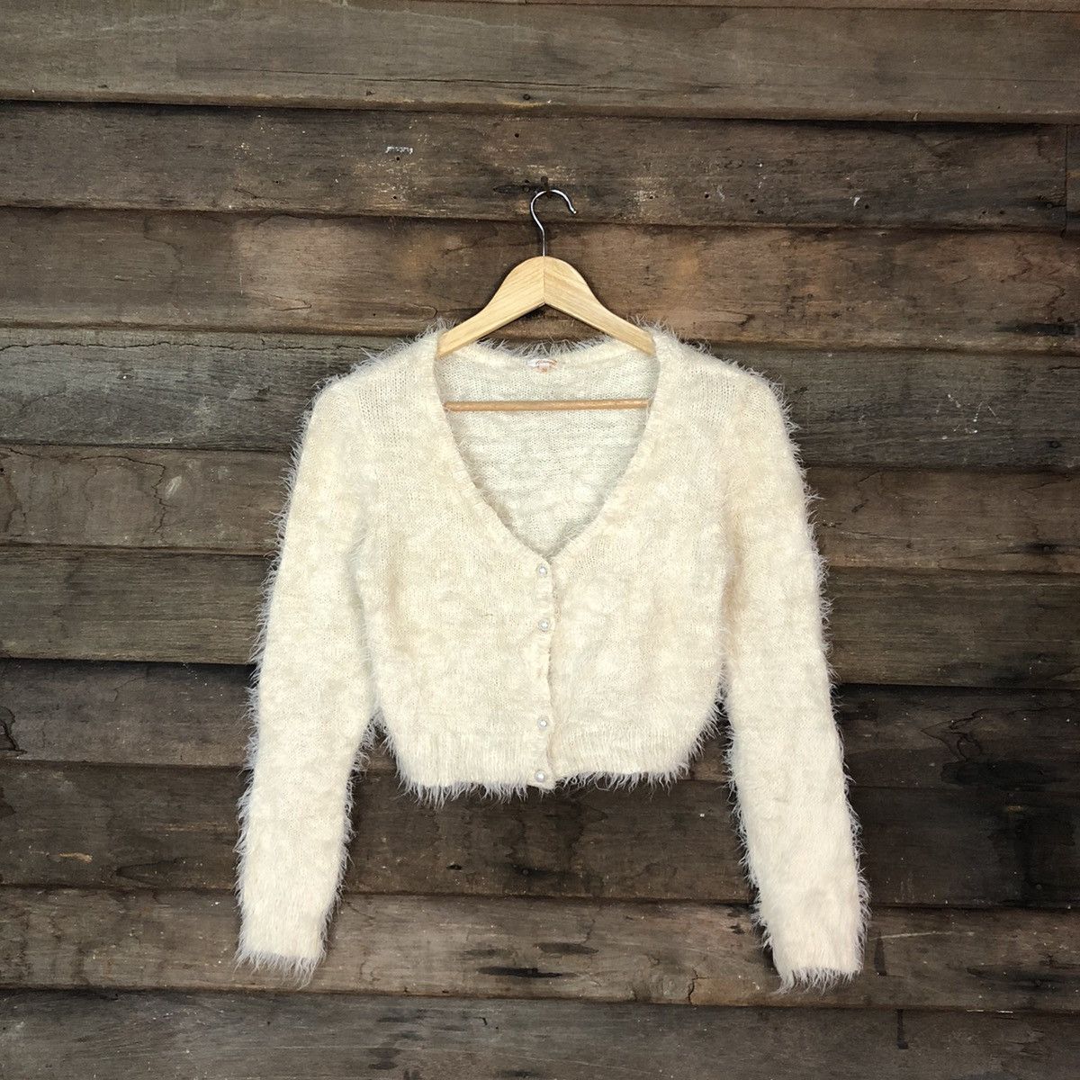 image of Mink Fur Coat x Unreal Fur Wallamania Cream Crop Top Mohair Shag Shaggy Knitwear C1091, Women's (Si