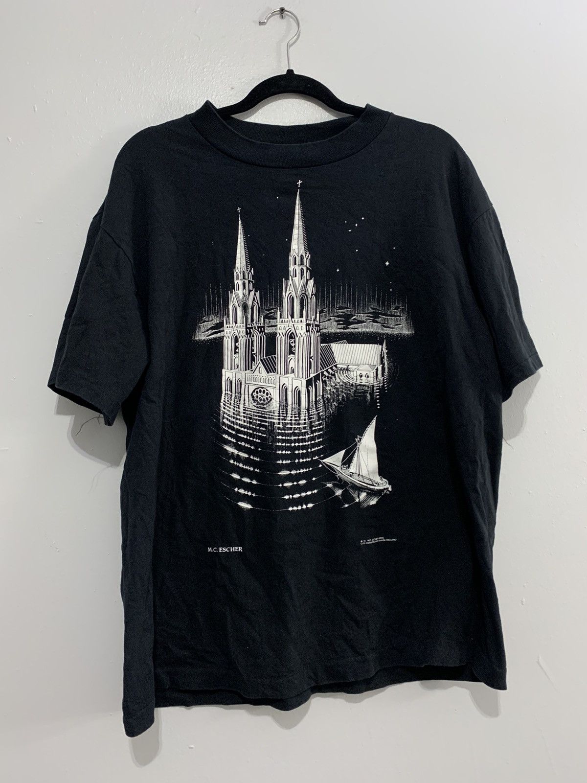 image of Art x Made In USA Vintage 1991 Mc Escher Submerged Cathedral Tshirt Faded in Black, Men's (Size XL)