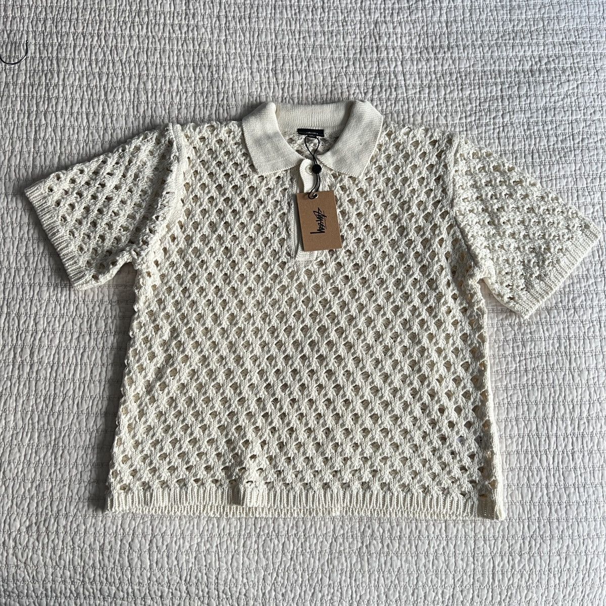 image of Stussy Big Mesh Polo Sweater in Cream, Men's (Size Small)