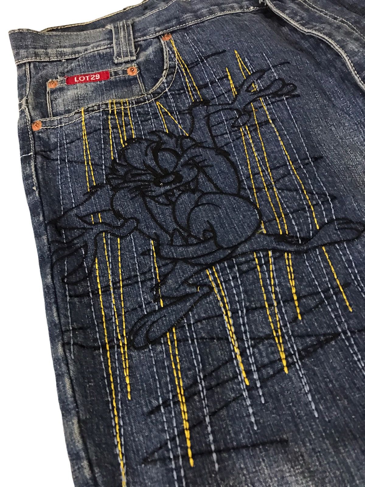 Beauty Beast Baggy🔥Lot 29 Tazmania Hip Hop Embroidery Denim Jeans ⚡️ Size US 35 - 8 Thumbnail