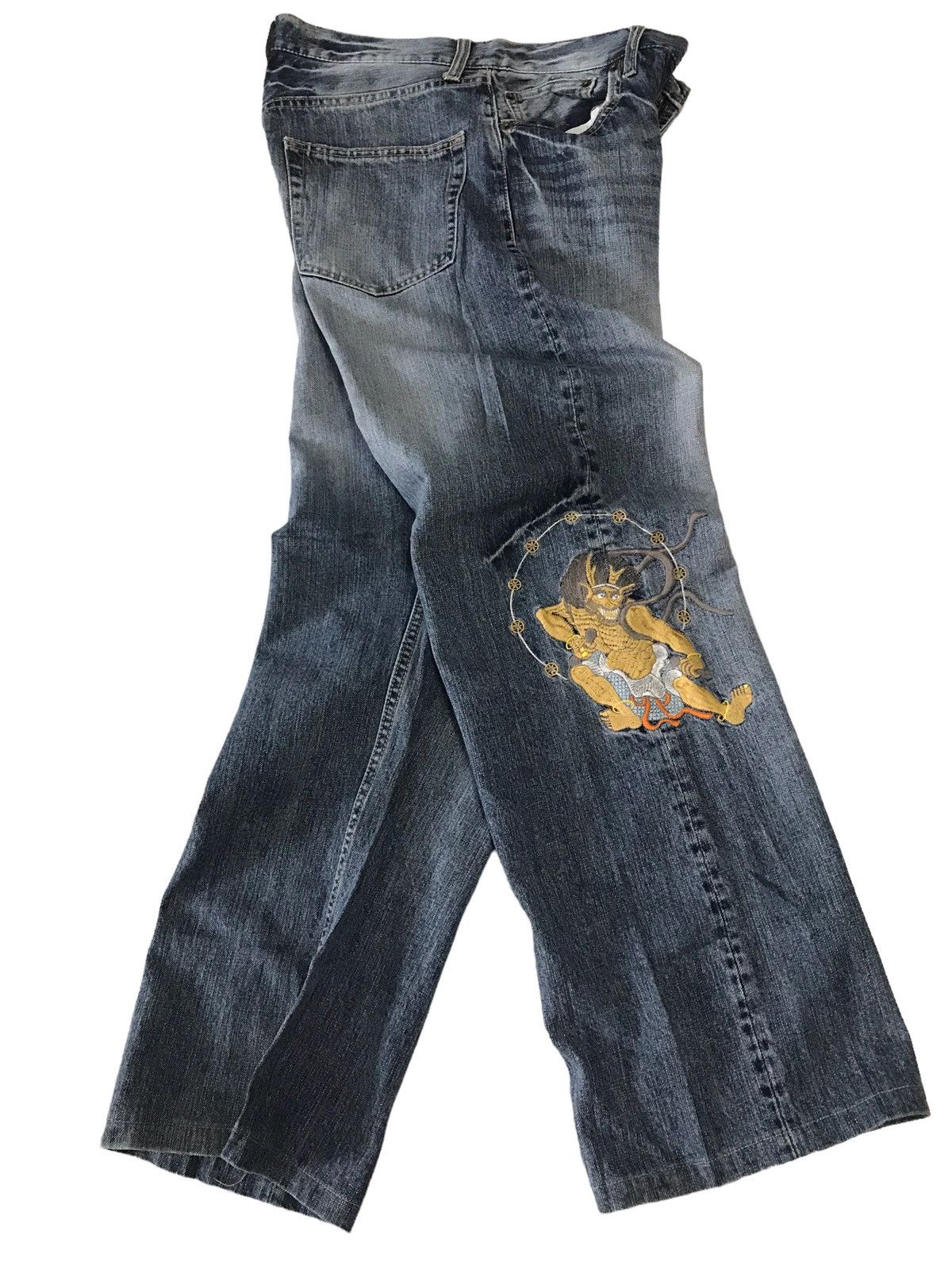 Japanese Brand 💥RAIIJIN💥 Japanese God Embroidery Distressed Denim Pant Size US 31 - 12 Thumbnail