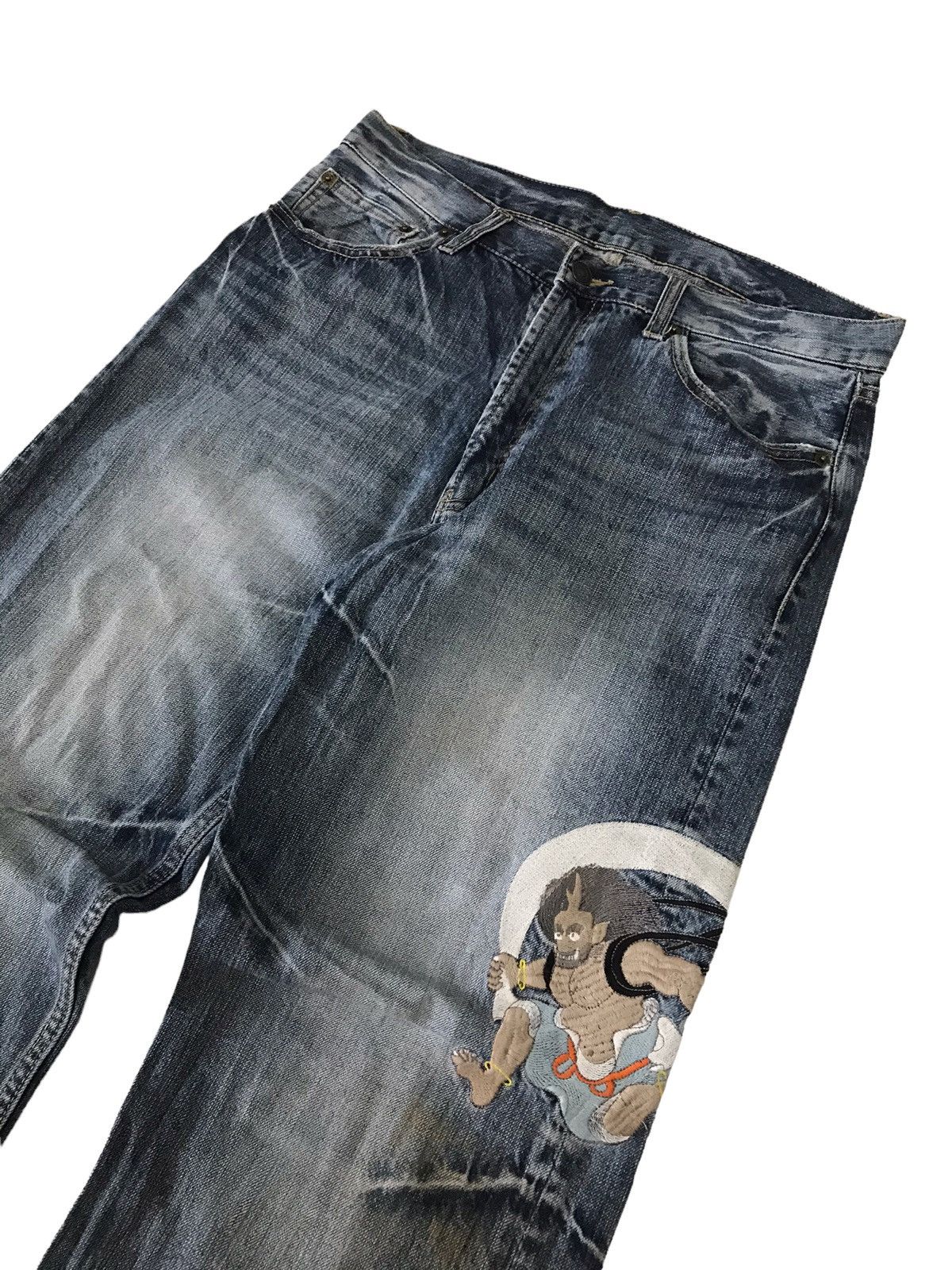 Japanese Brand 💥RAIIJIN💥 Japanese God Embroidery Distressed Denim Pant Size US 31 - 6 Thumbnail